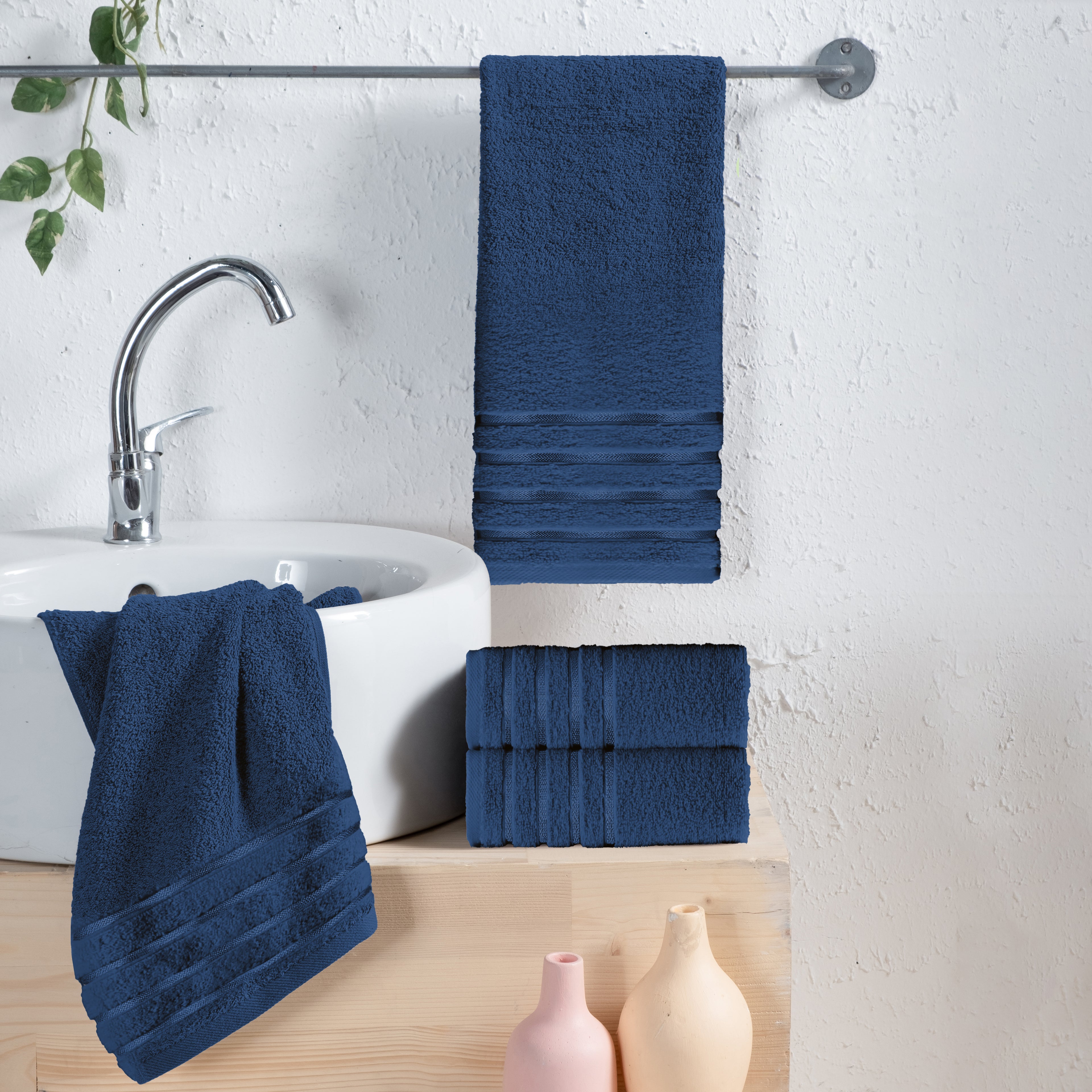 4-Pack Turkish Cotton 4 Lines Stripe Hand Towel Set, 16 x 28 inch