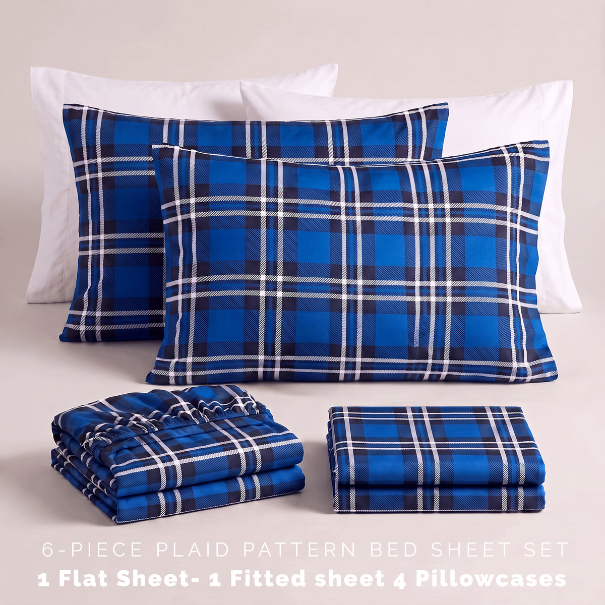 6-Piece Plaid Pattern Bed Sheet Set - Soft as a Hotel Premium Quality