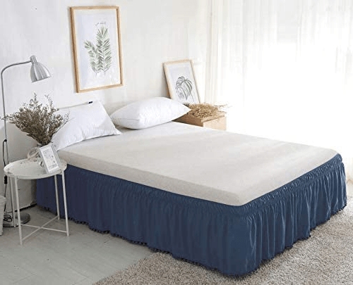 1-Piece Top-Knot Tassel Pompom Fringe Ruffle Bed Skirt - Around Style Elastic Bed Wrap - 16 inch Drop