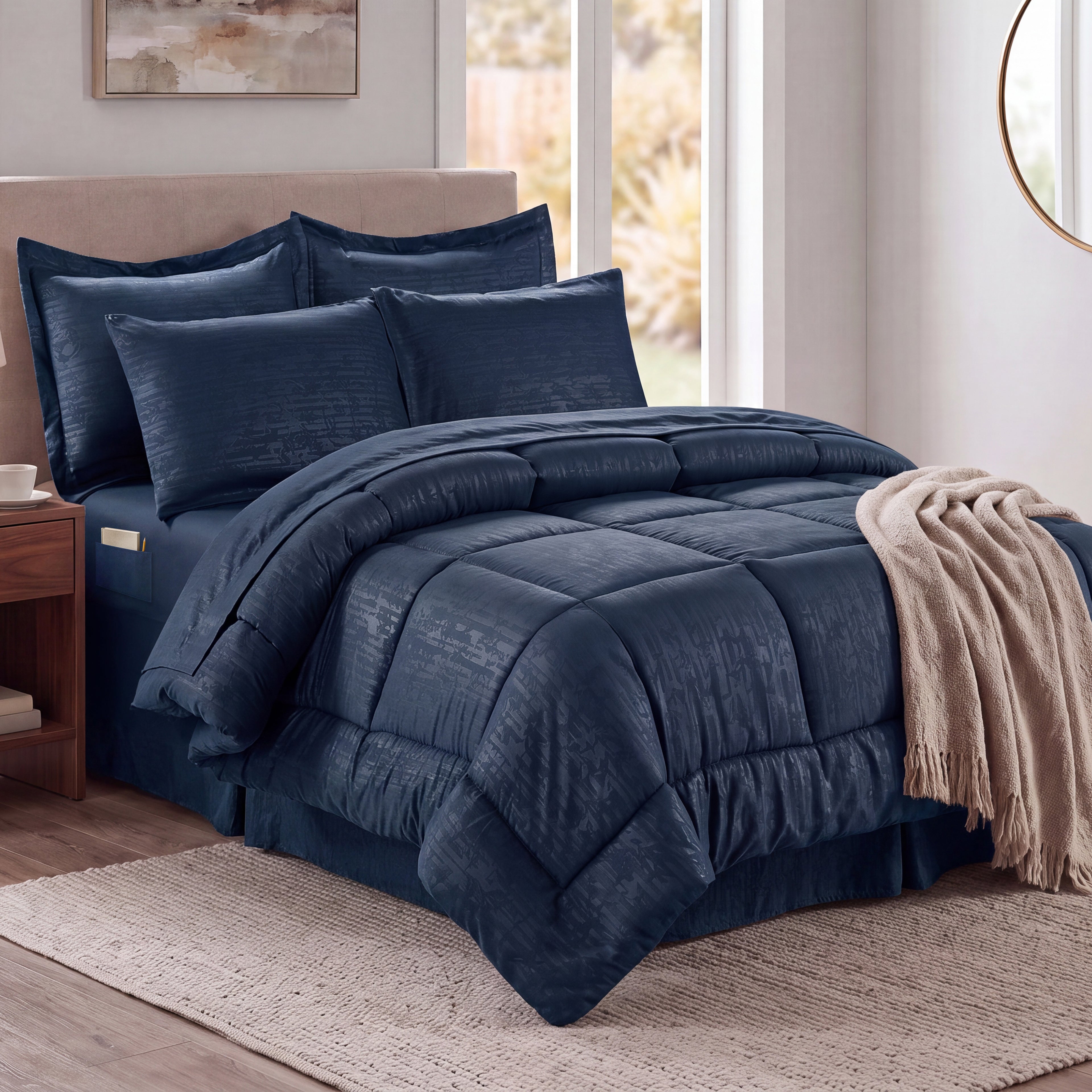 8-Piece Bamboo Floral Pattern Comforter Set- Includes 4-Piece Sheet Set with Double Sided Storage Pockets