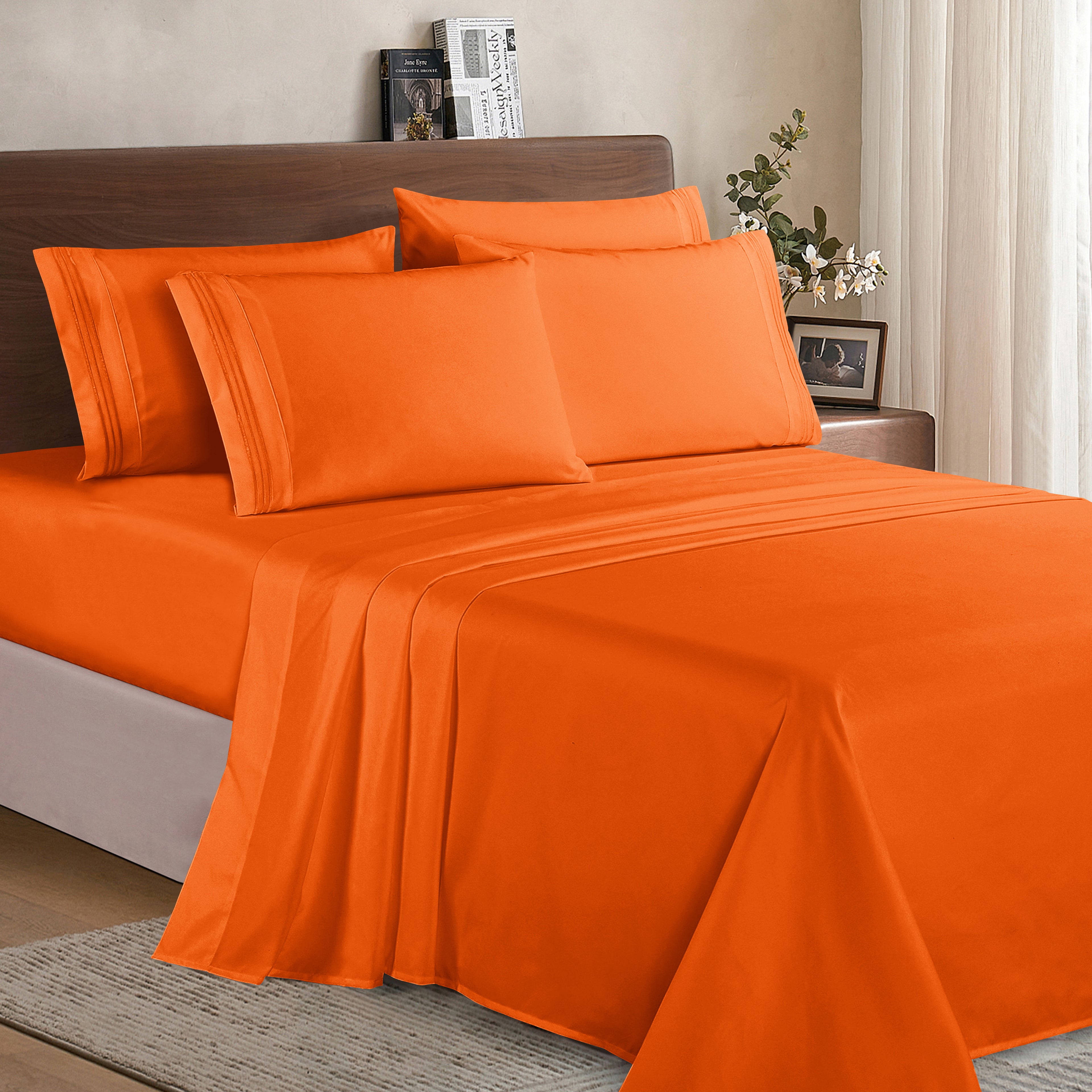 Essential 6-Piece 3-Line Embroidery Sheet Set, Soft as a Hotel Premium Quality, Bright Shades