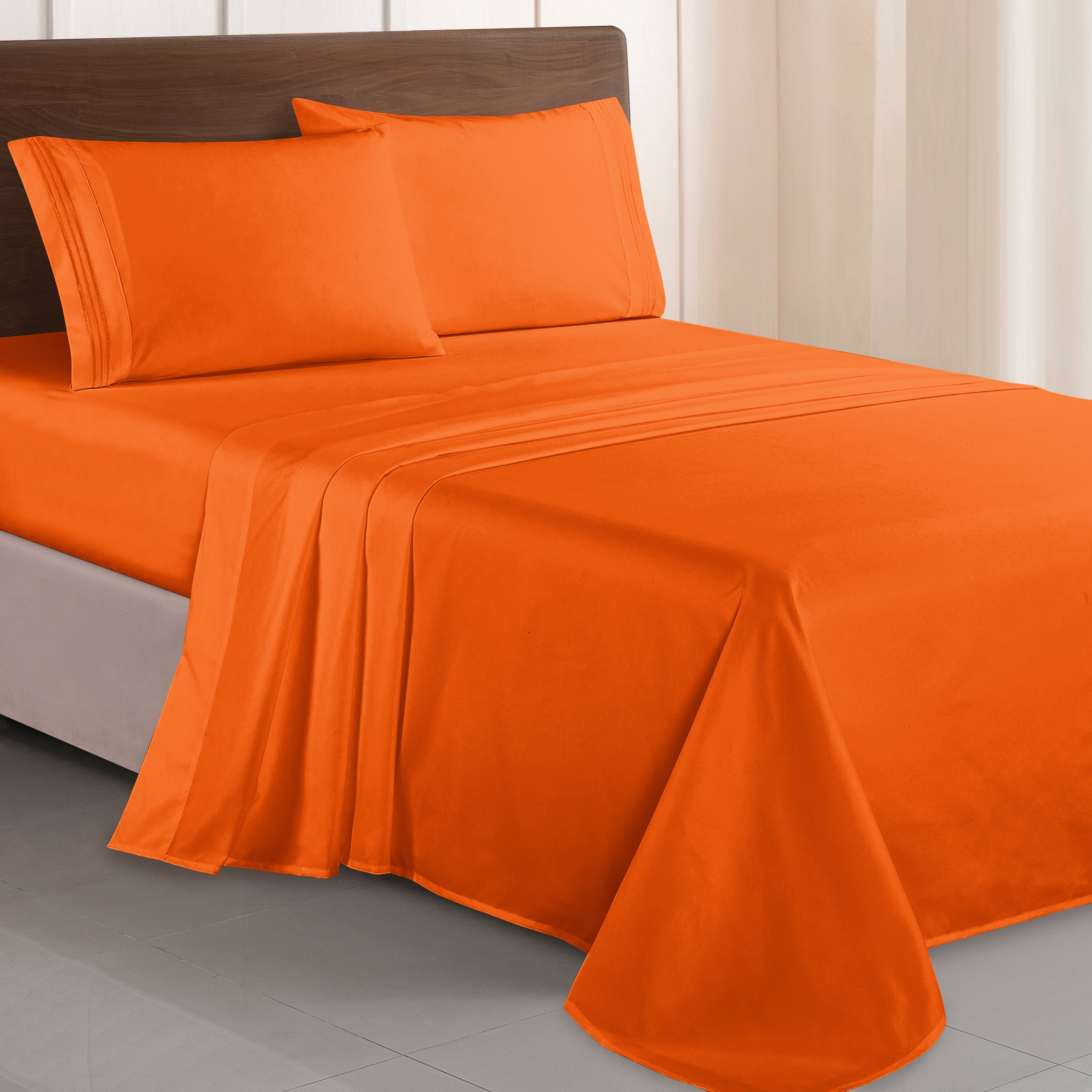 Essential Solid 3 Line Embroidery - Soft as a Hotel Premium Quality, 4-Piece Sheet Set, Bright Shades