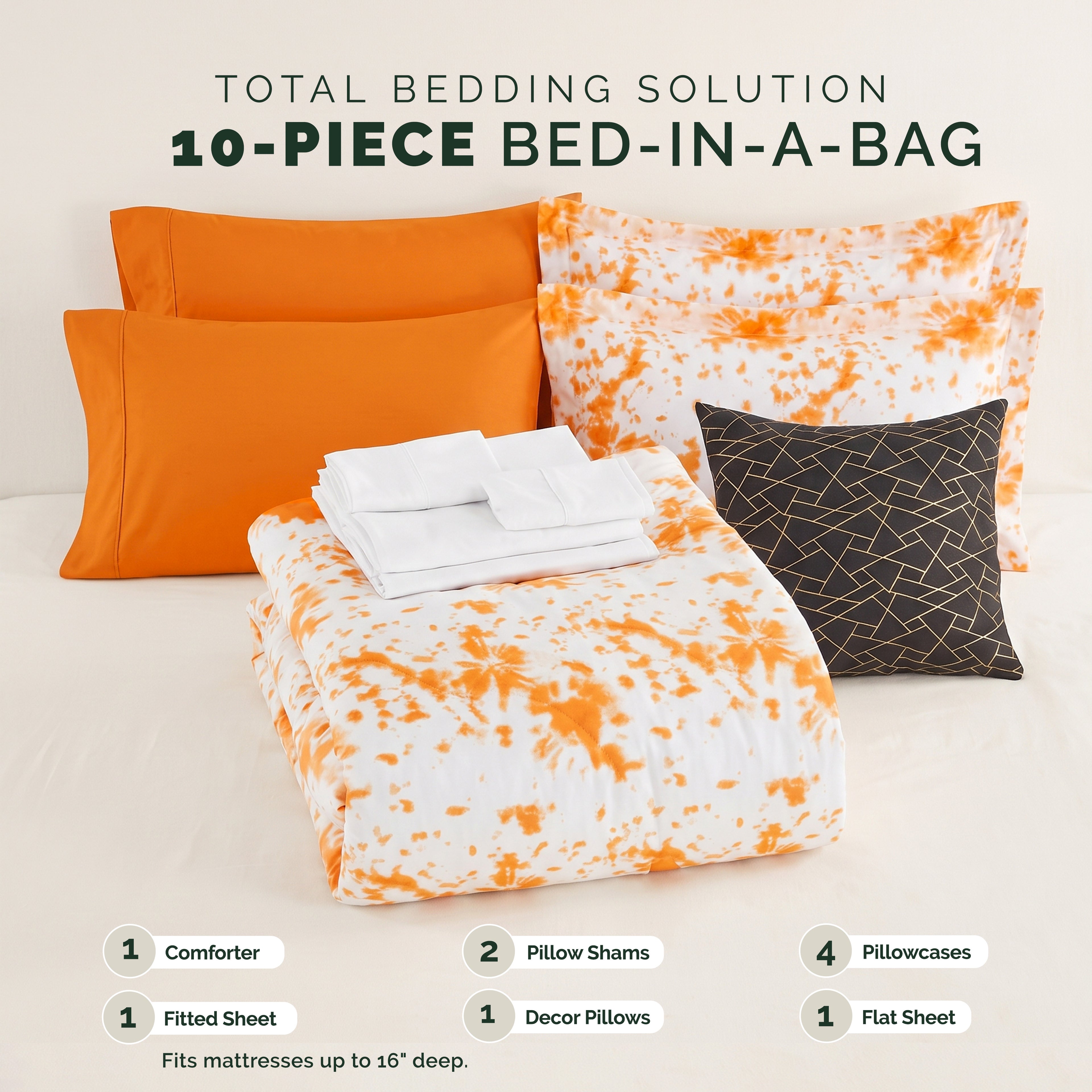 10-Piece Tie-Dye Comforter Set, Includes 6-Piece Sheet Set with Double Sided Storage Pockets