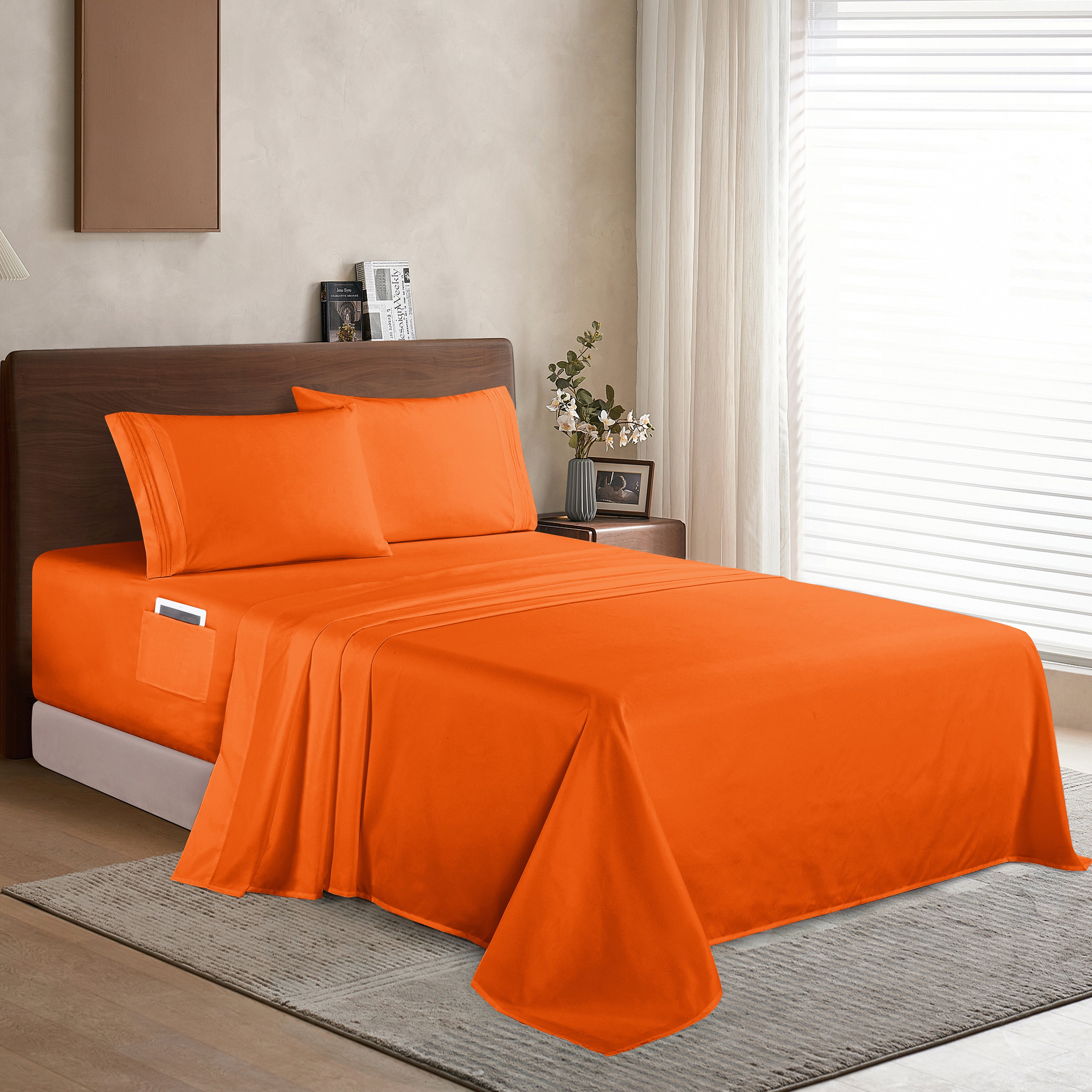 Extra deep 18-24 Inch Pocket 3 Line Embroidery, 4-Piece Sheet Set, Bright Shades
