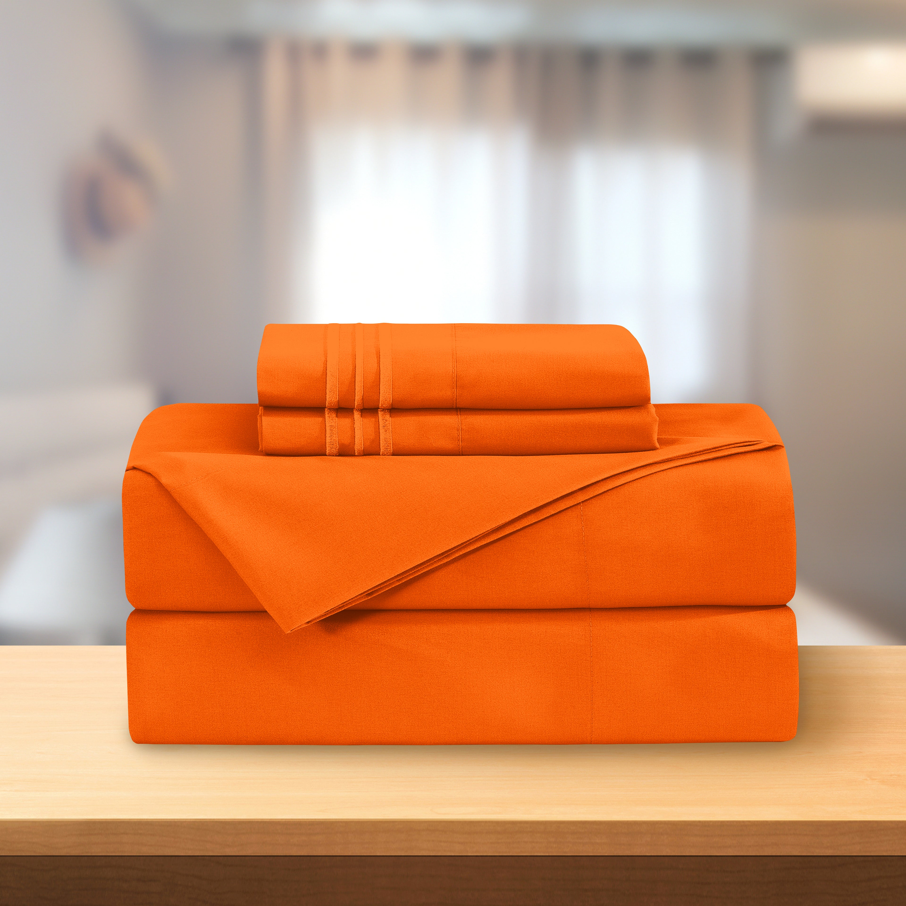 Essential Solid 3 Line Embroidery - Soft as a Hotel Premium Quality, 4-Piece Sheet Set, Bright Shades