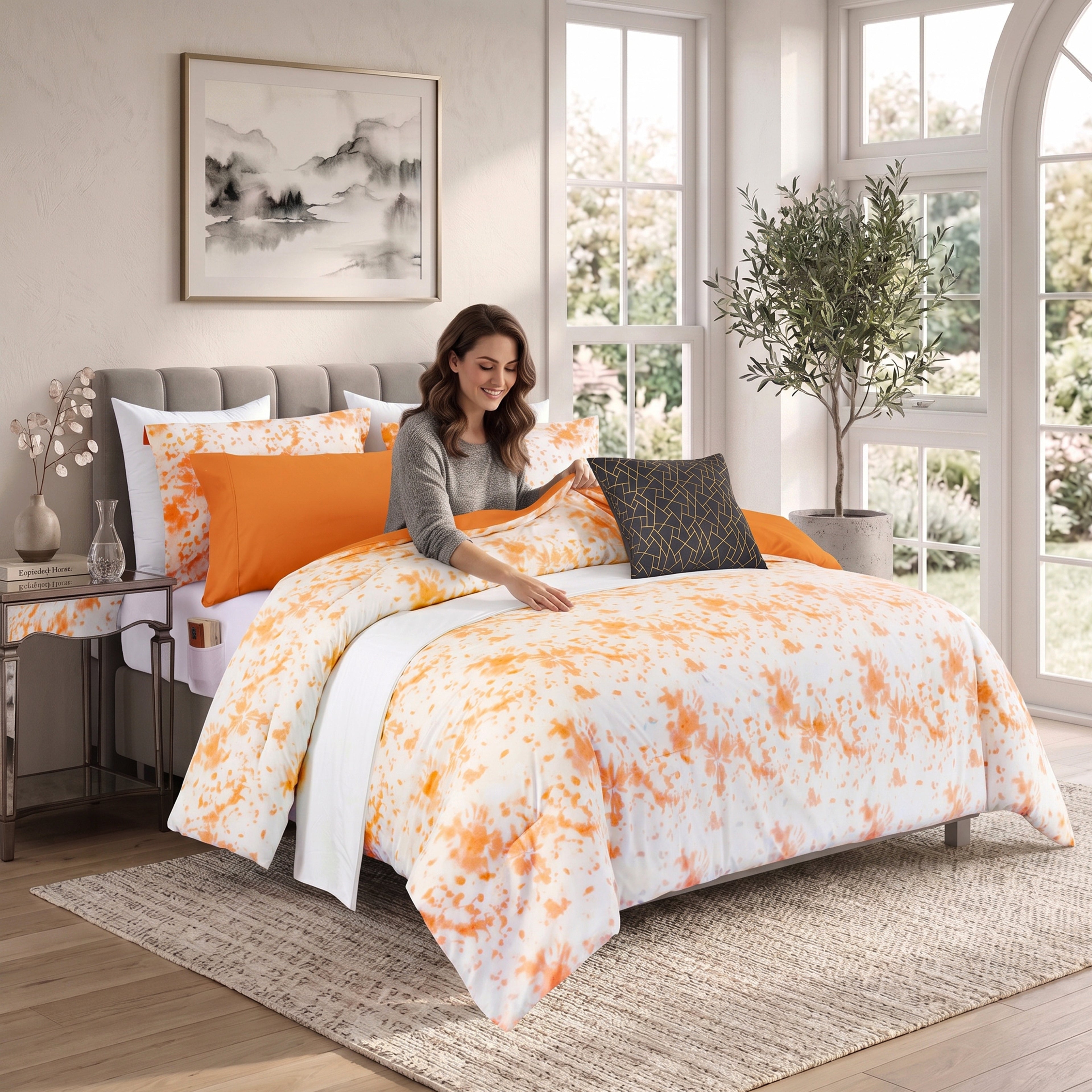10-Piece Tie-Dye Comforter Set, Includes 6-Piece Sheet Set with Double Sided Storage Pockets