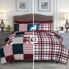 8-Piece Lodge Plaid and Patch Reversible Comforter Set - Includes 4-Piece Sheet Set with Double Sided Storage Pockets