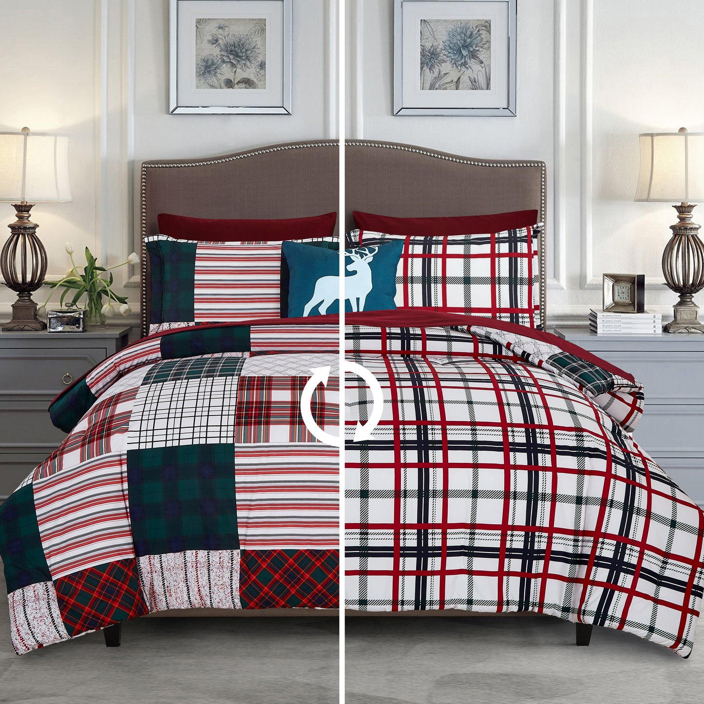 Elegant Comfort 8-Piece Lodge Plaid and Patch Reversible Comforter Set - Includes 4-Piece Sheet Set with Double Sided Storage Pockets