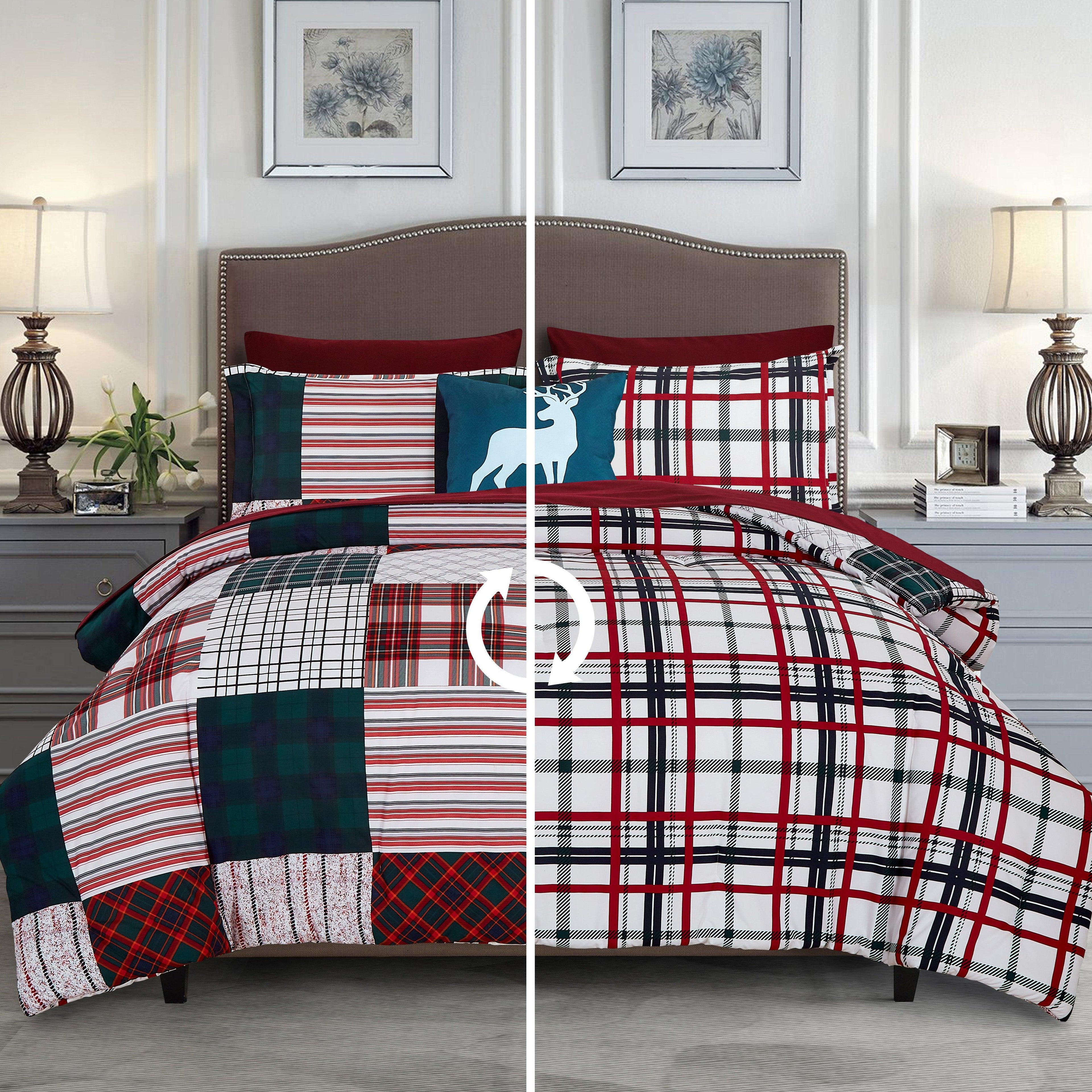8-Piece Lodge Plaid and Patch Reversible Comforter Set - Includes 4-Piece Sheet Set with Double Sided Storage Pockets