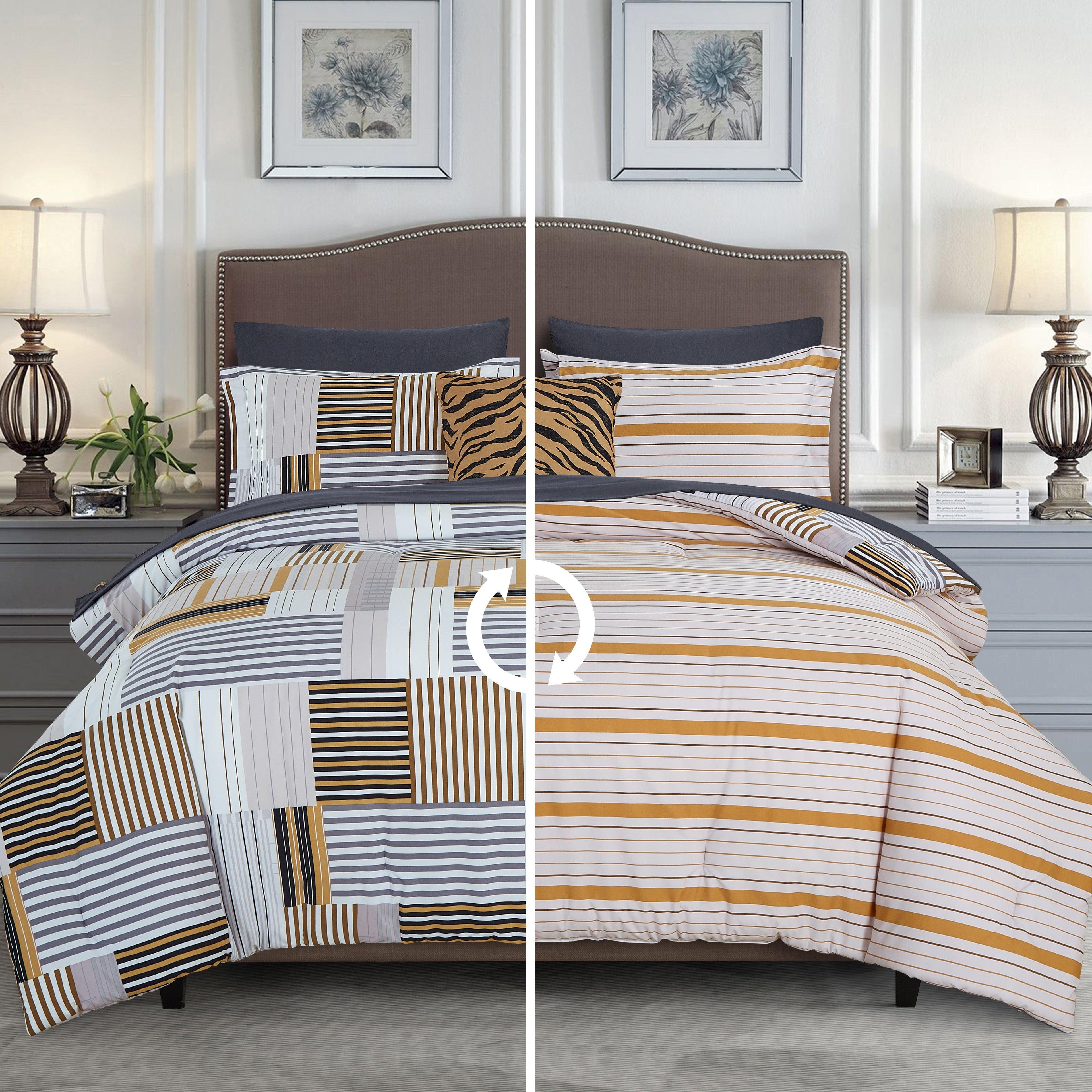 8-Piece Lodge Plaid and Patch Reversible Comforter Set - Includes 4-Piece Sheet Set with Double Sided Storage Pockets