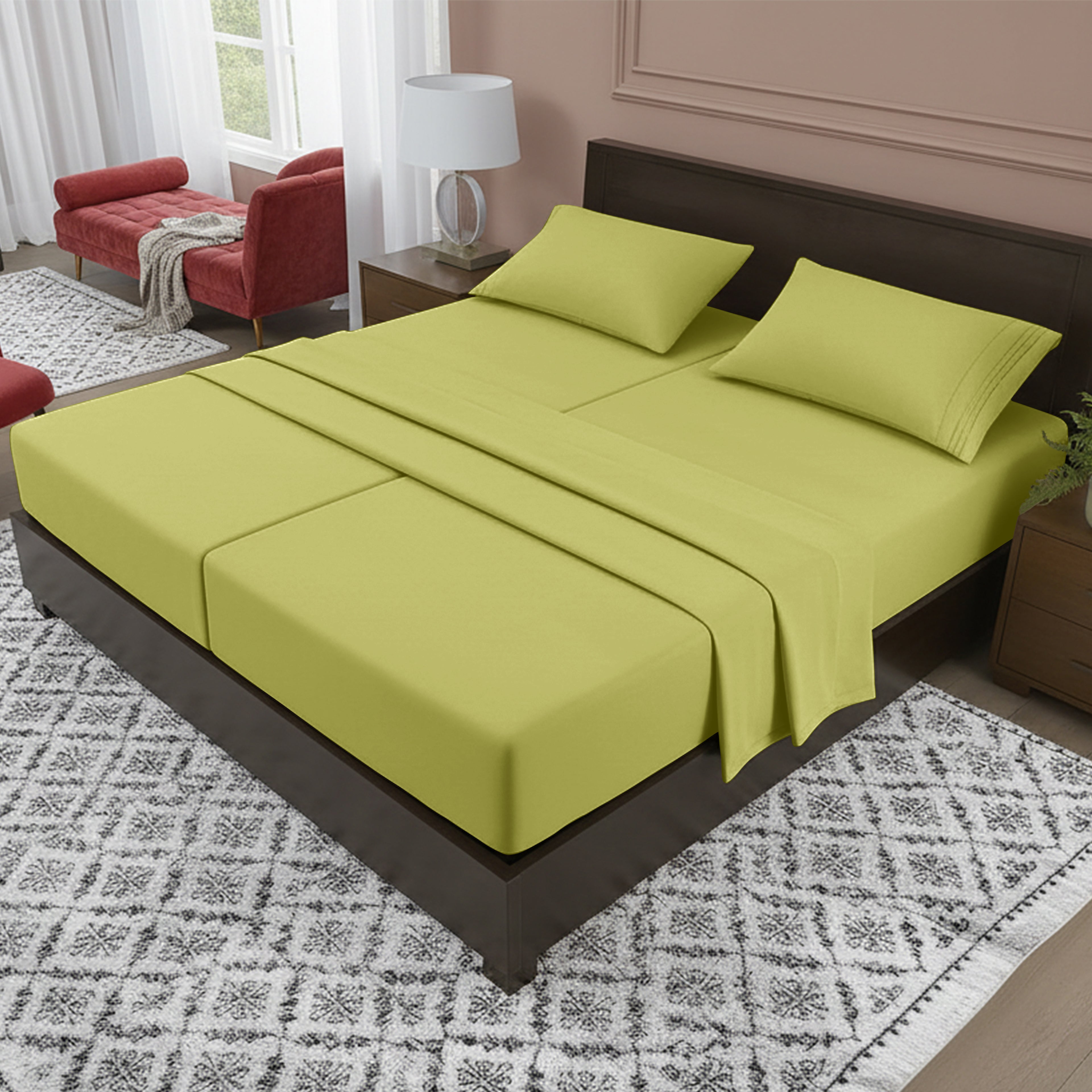 Essential Solid 3 Line Embroidery - Soft as a Hotel Premium Quality, 4-Piece Sheet Set, Bright Shades