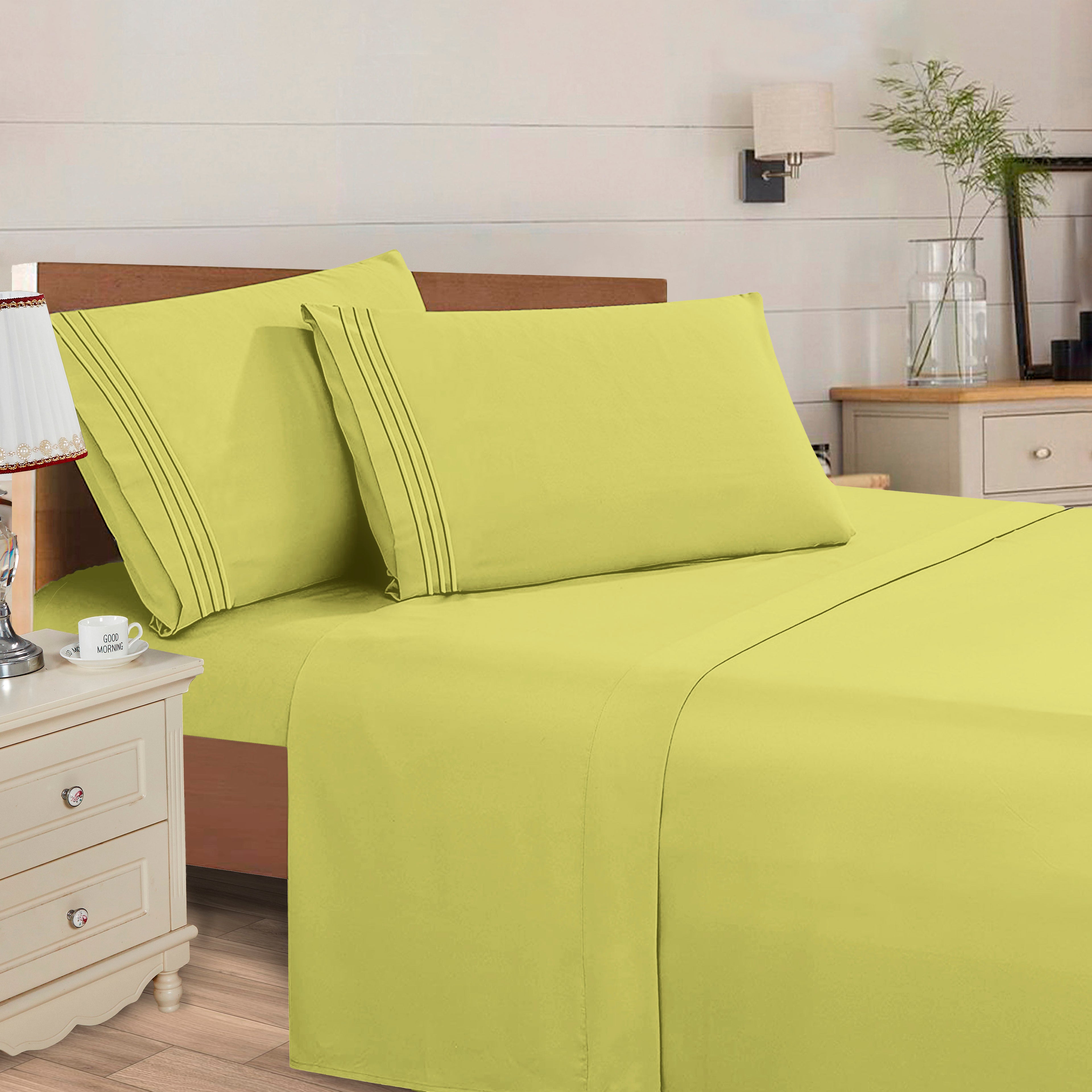 Essential Solid 3 Line Embroidery - Soft as a Hotel Premium Quality, 4-Piece Sheet Set, Bright Shades