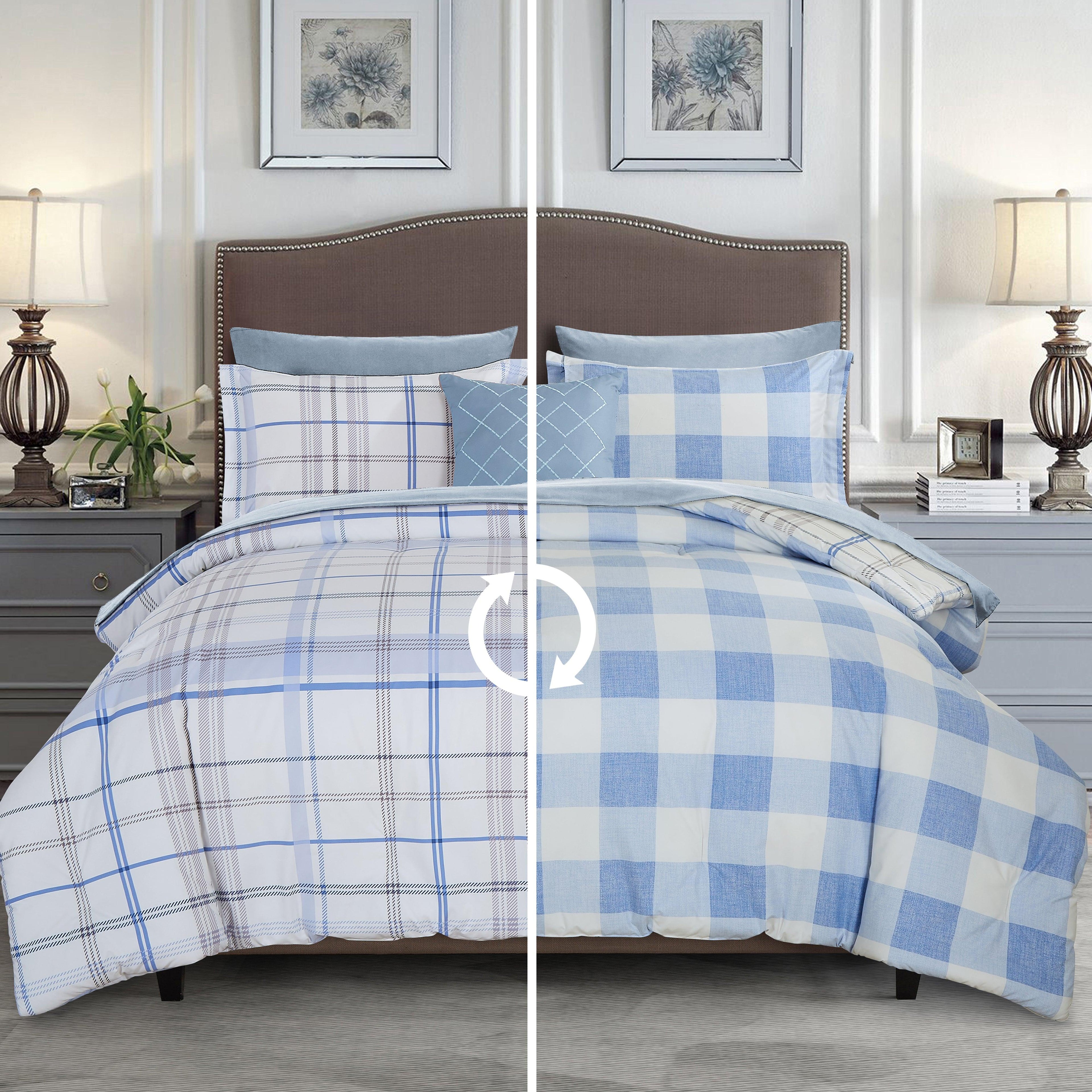 8-Piece Lodge Plaid and Patch Reversible Comforter Set - Includes 4-Piece Sheet Set with Double Sided Storage Pockets