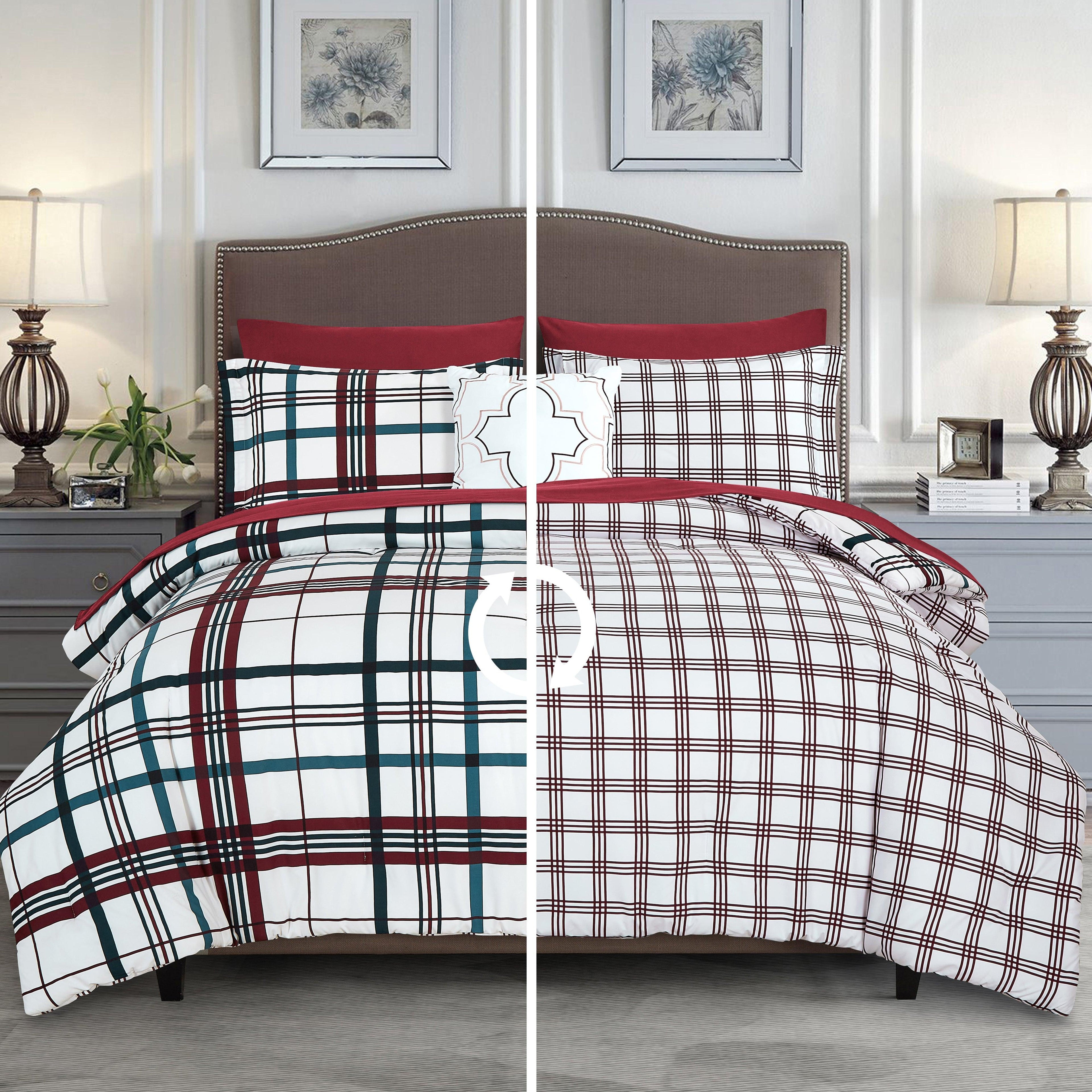 8-Piece Lodge Plaid and Patch Reversible Comforter Set - Includes 4-Piece Sheet Set with Double Sided Storage Pockets