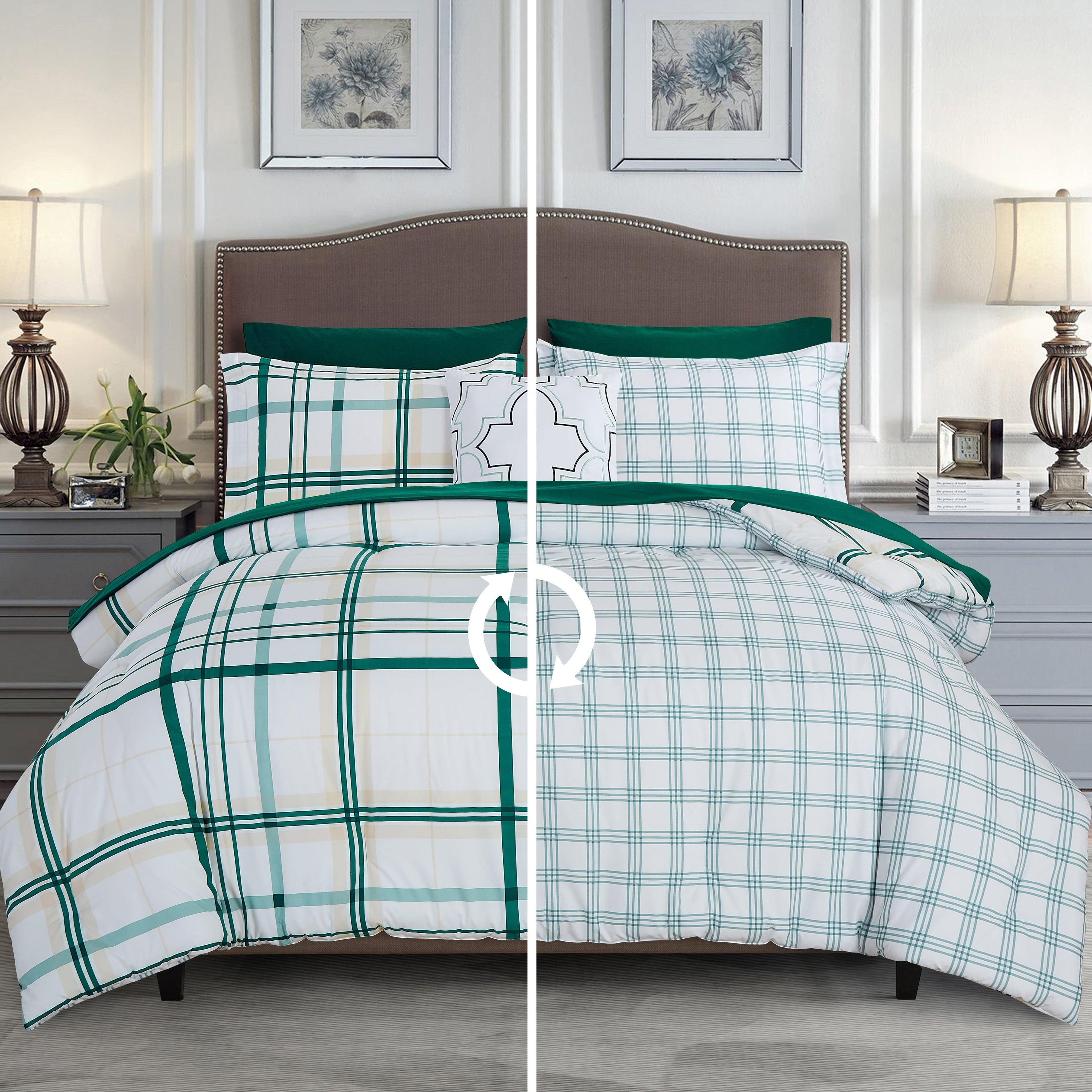 8-Piece Lodge Plaid and Patch Reversible Comforter Set - Includes 4-Piece Sheet Set with Double Sided Storage Pockets