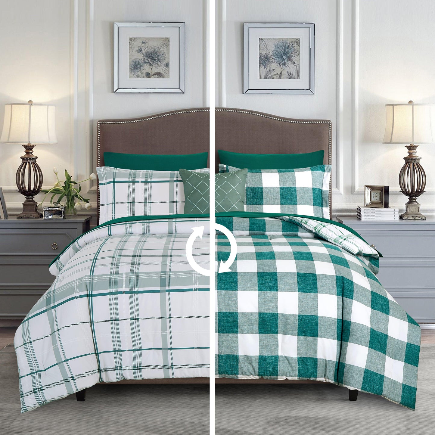 Elegant Comfort 8-Piece Lodge Plaid and Patch Reversible Comforter Set - Includes 4-Piece Sheet Set with Double Sided Storage Pockets