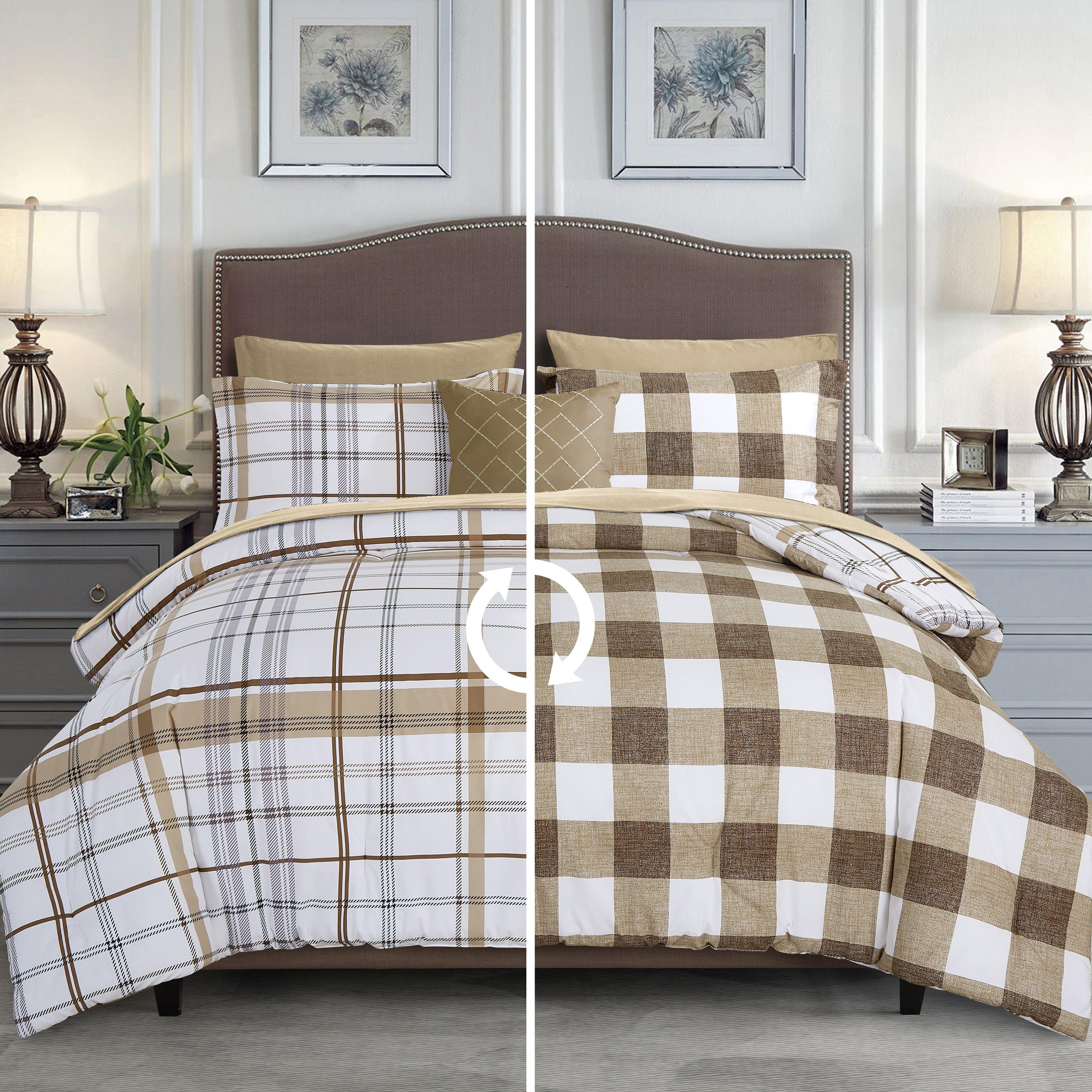 8-Piece Lodge Plaid and Patch Reversible Comforter Set - Includes 4-Piece Sheet Set with Double Sided Storage Pockets