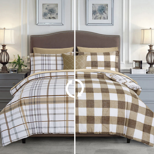 Elegant Comfort 8-Piece Lodge Plaid and Patch Reversible Comforter Set - Includes 4-Piece Sheet Set with Double Sided Storage Pockets