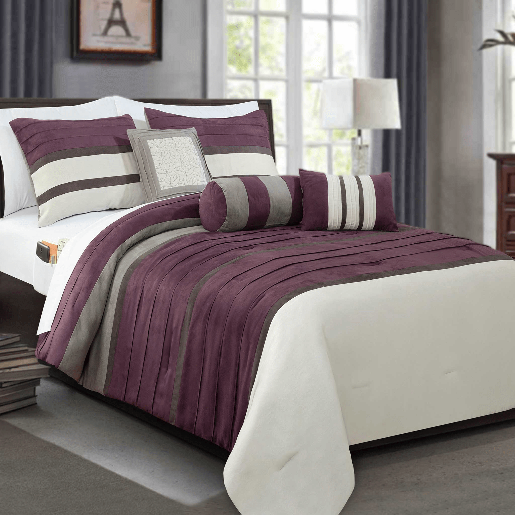 12-Piece Cirena Micro suede Comforter Set, Includes 6-Piece Sheet Set with Double Sided Storage Pockets
