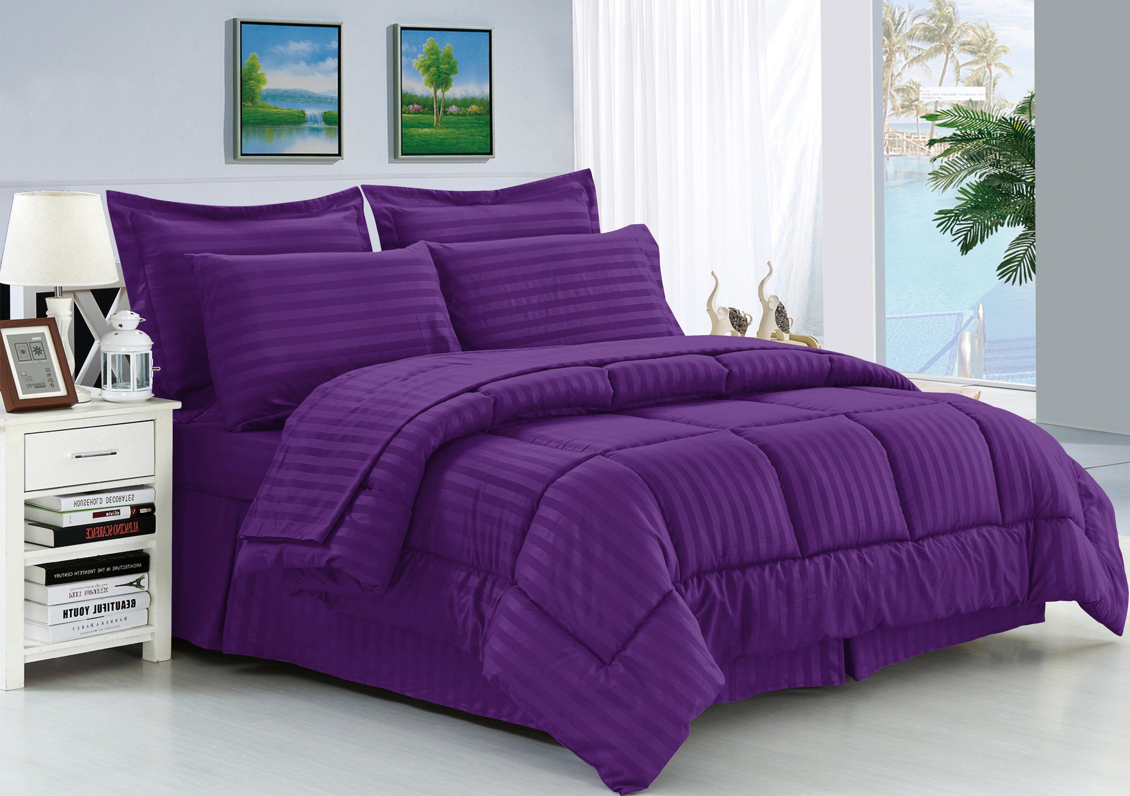 8-Piece Dobby Stripe Comforter Set - Includes 4-Piece Sheet Set with Double Sided Storage Pockets
