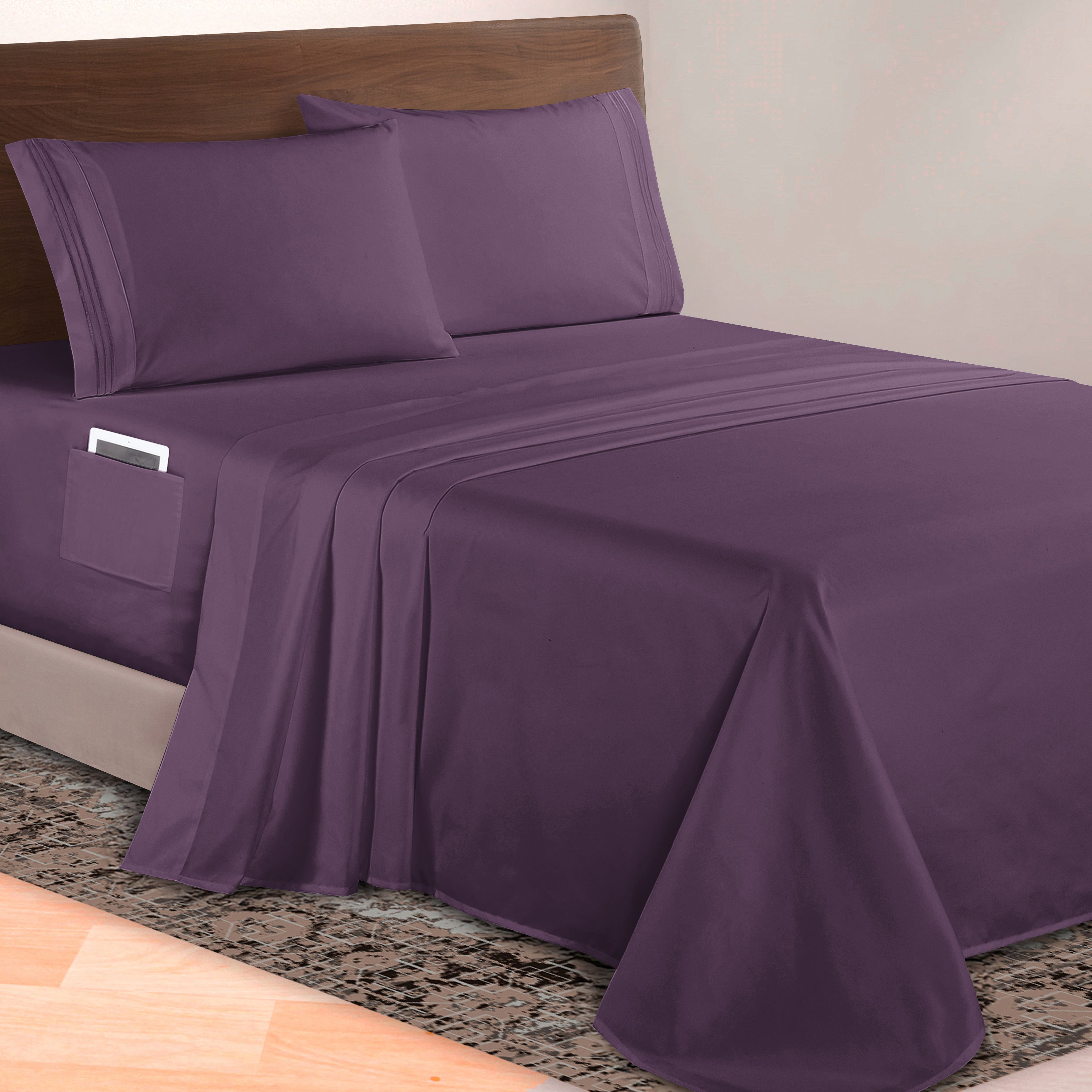 Extra deep 18-24 Inch Pocket 3 Line Embroidery, 4-Piece Sheet Set, Moody Shades