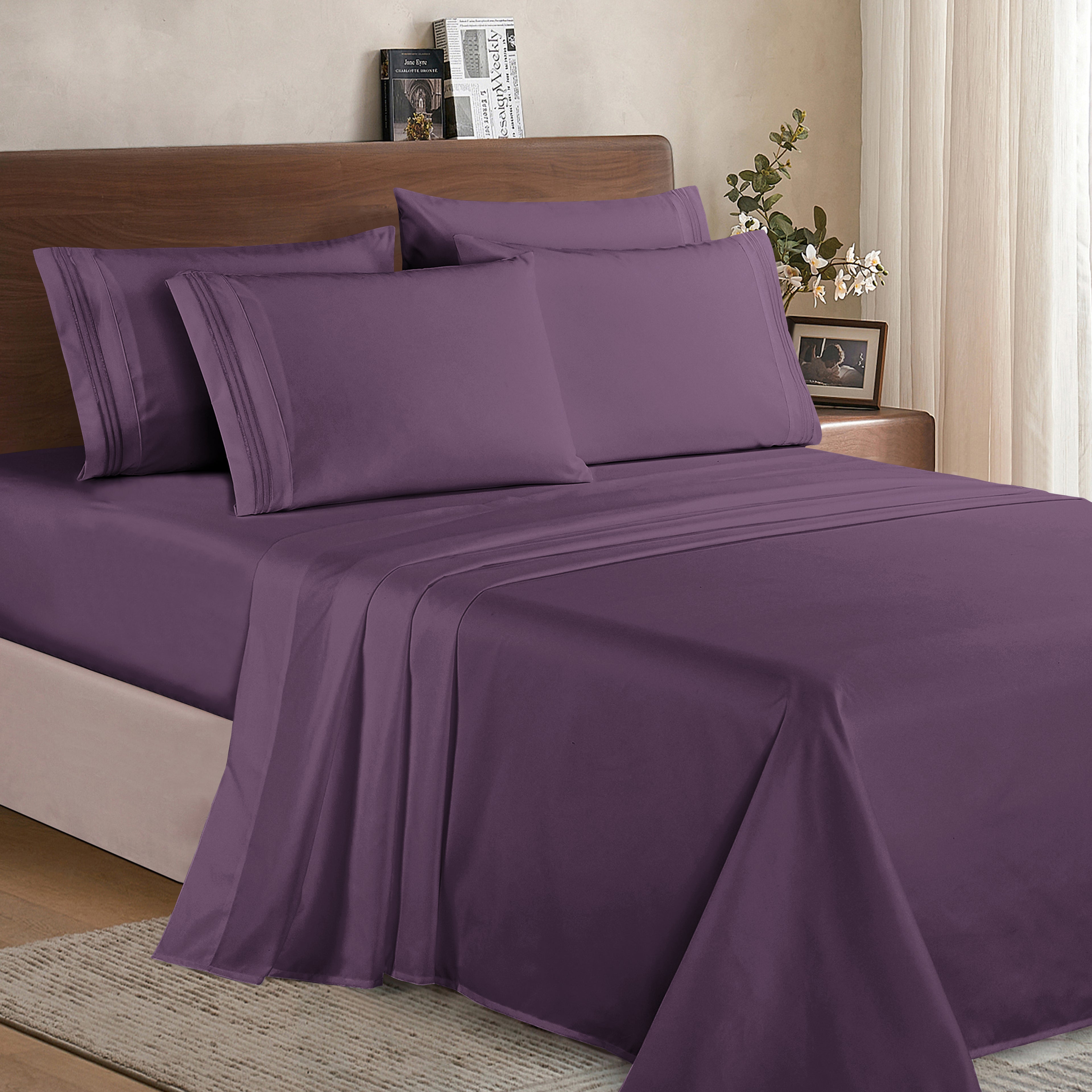 Essential 6-Piece 3-Line Embroidery Sheet Set, Soft as a Hotel Premium Quality,  Moody Shades