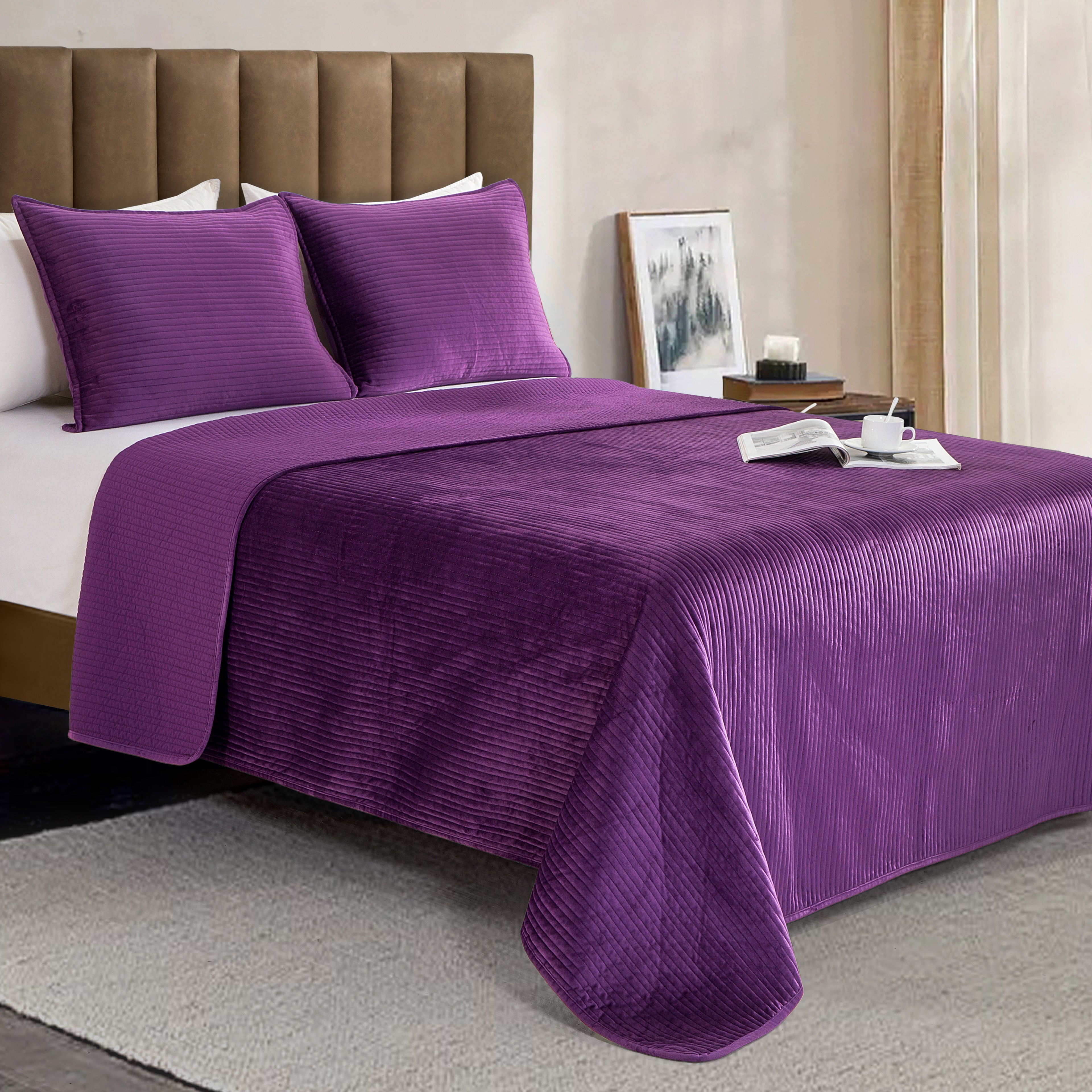 3-Piece Velvet Corduroy Stripe Quilted Bedspread Coverlet Set