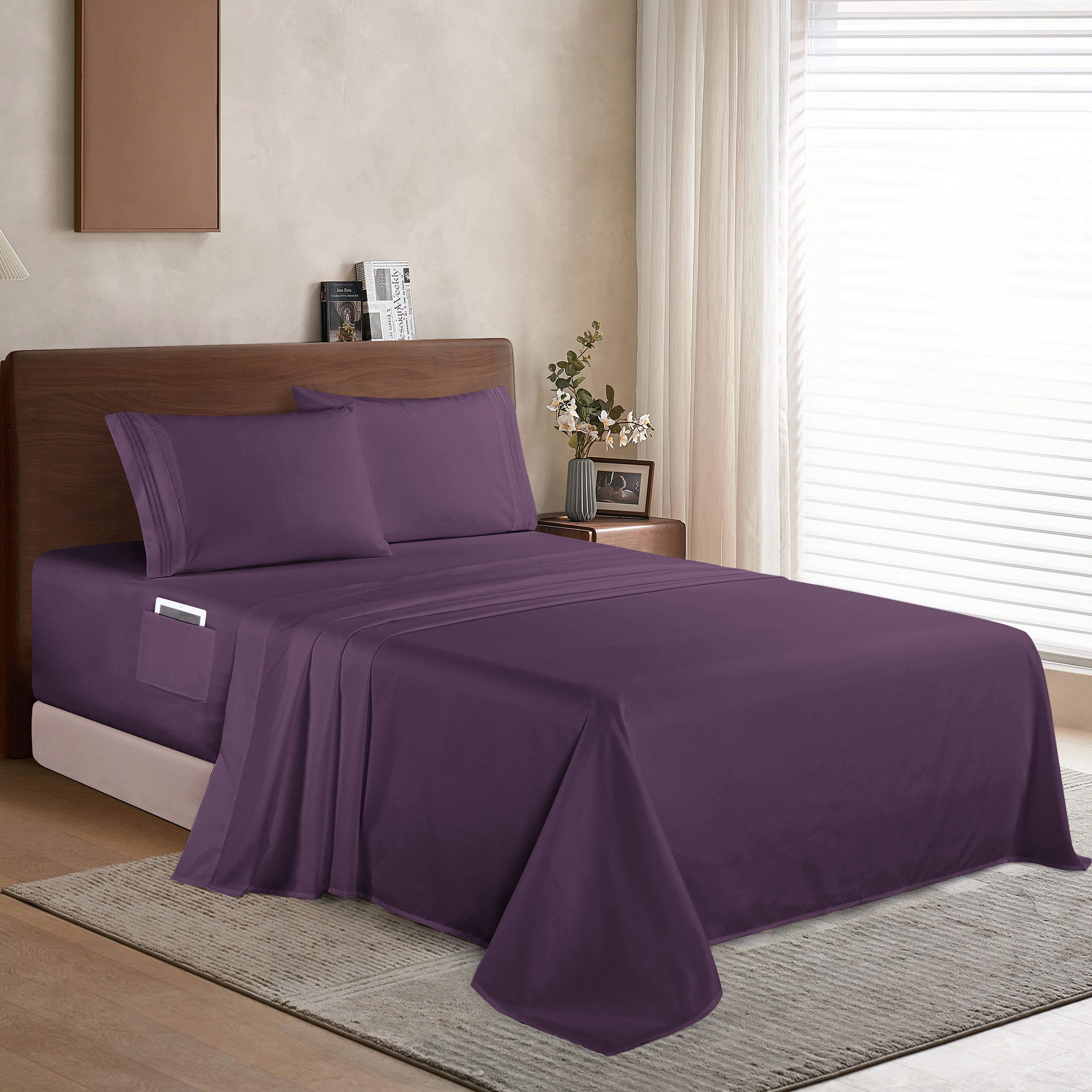 Extra deep 18-24 Inch Pocket 3 Line Embroidery, 4-Piece Sheet Set, Moody Shades