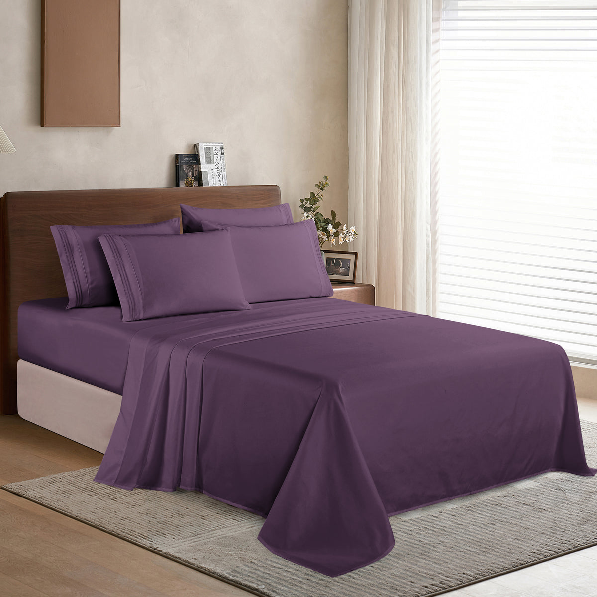Essential 6-Piece 3-Line Embroidery Sheet Set, Soft as a Hotel Premium Quality,  Moody Shades