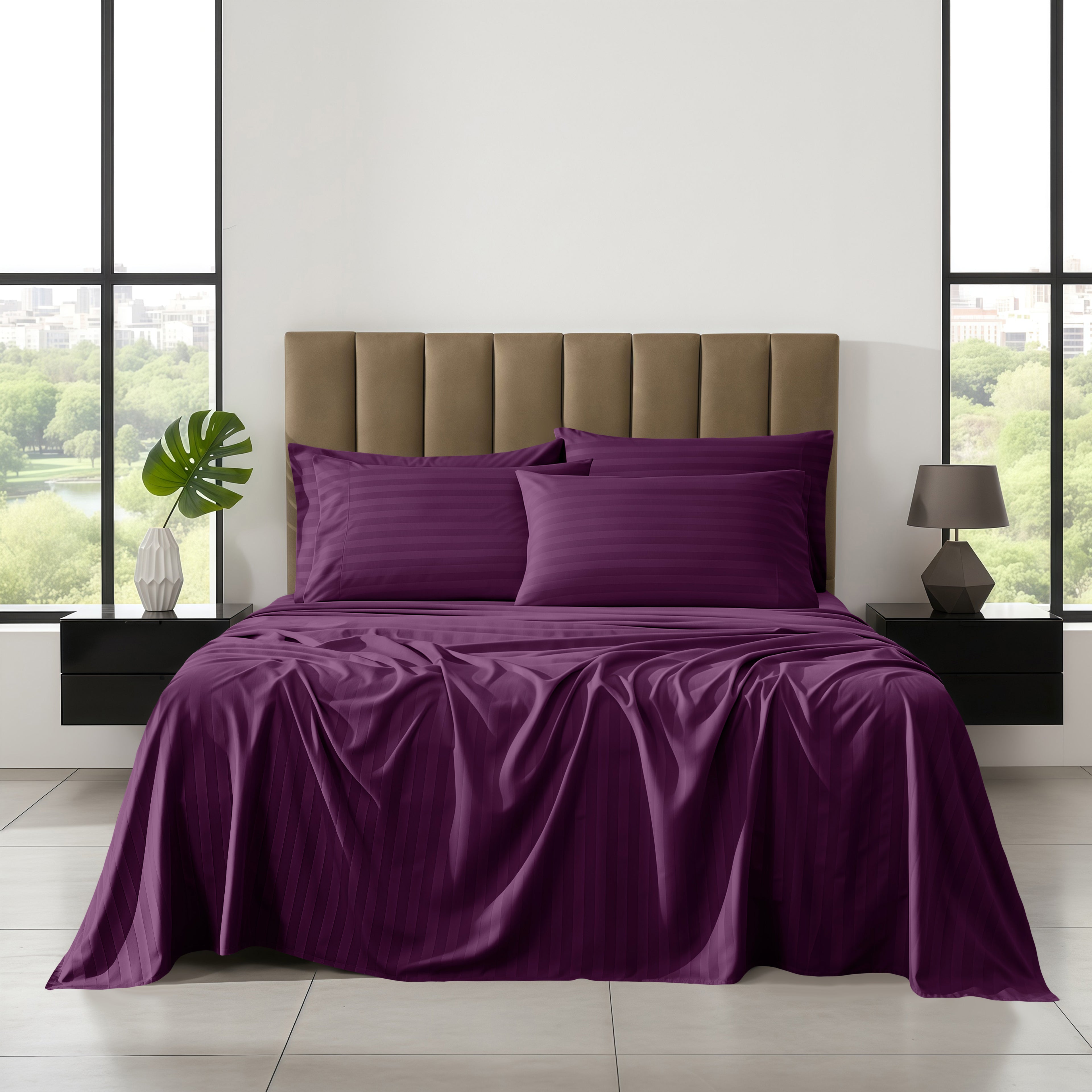 6-Piece Dobby Stripe Printed Bed Sheet Set- Soft as a Hotel Premium Quality