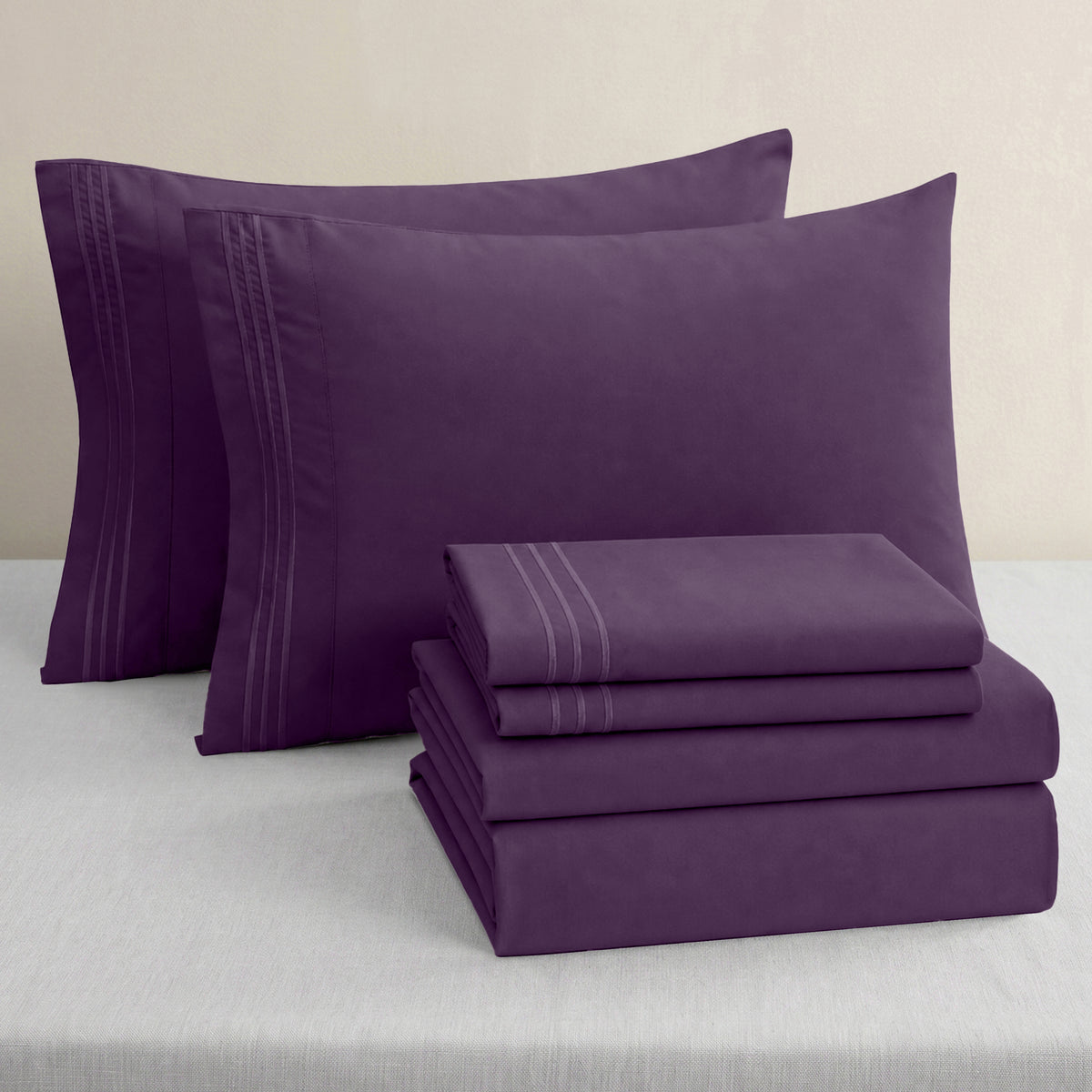 Essential 6-Piece 3-Line Embroidery Sheet Set, Soft as a Hotel Premium Quality,  Moody Shades