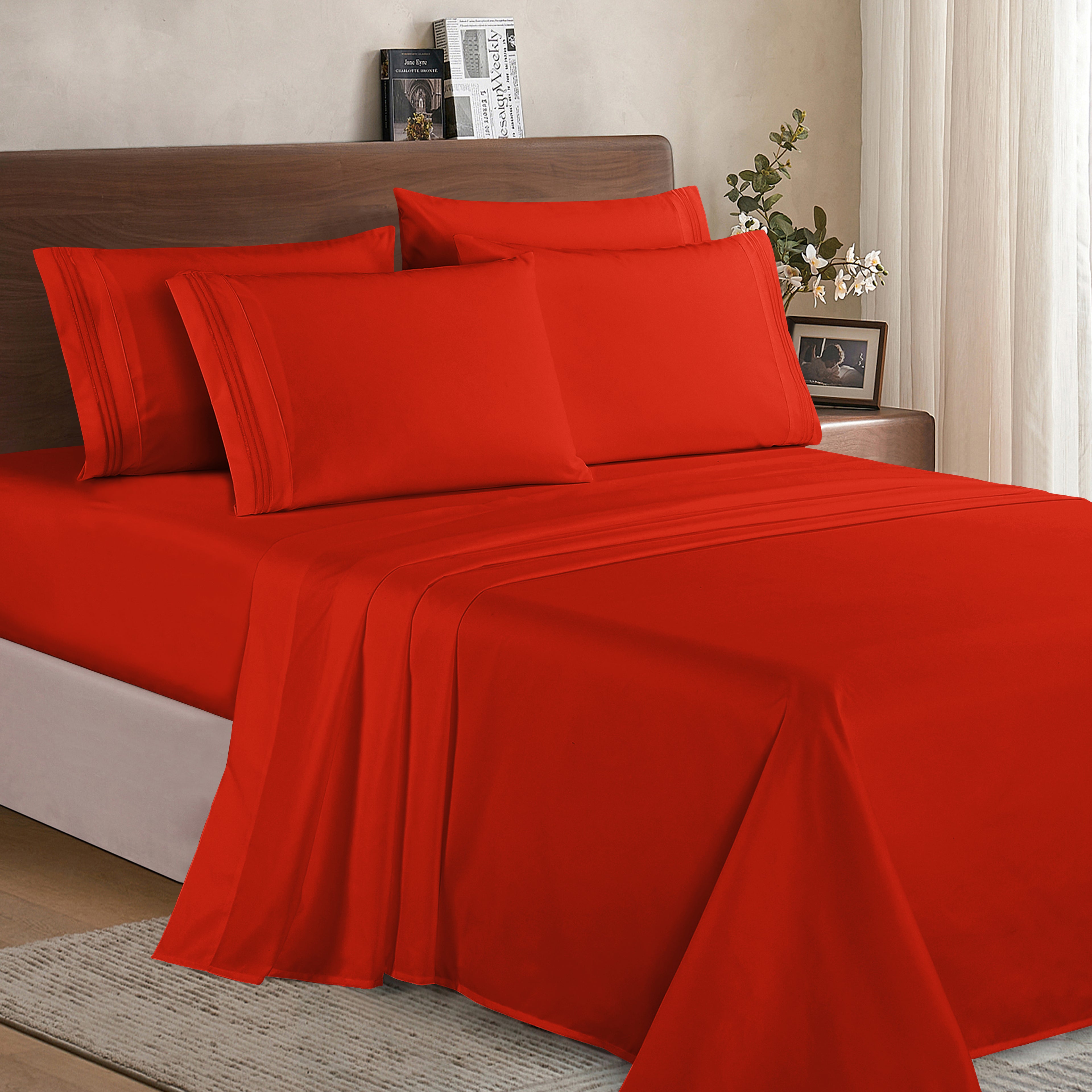 Essential 6-Piece 3-Line Embroidery Sheet Set, Soft as a Hotel Premium Quality, Bright Shades