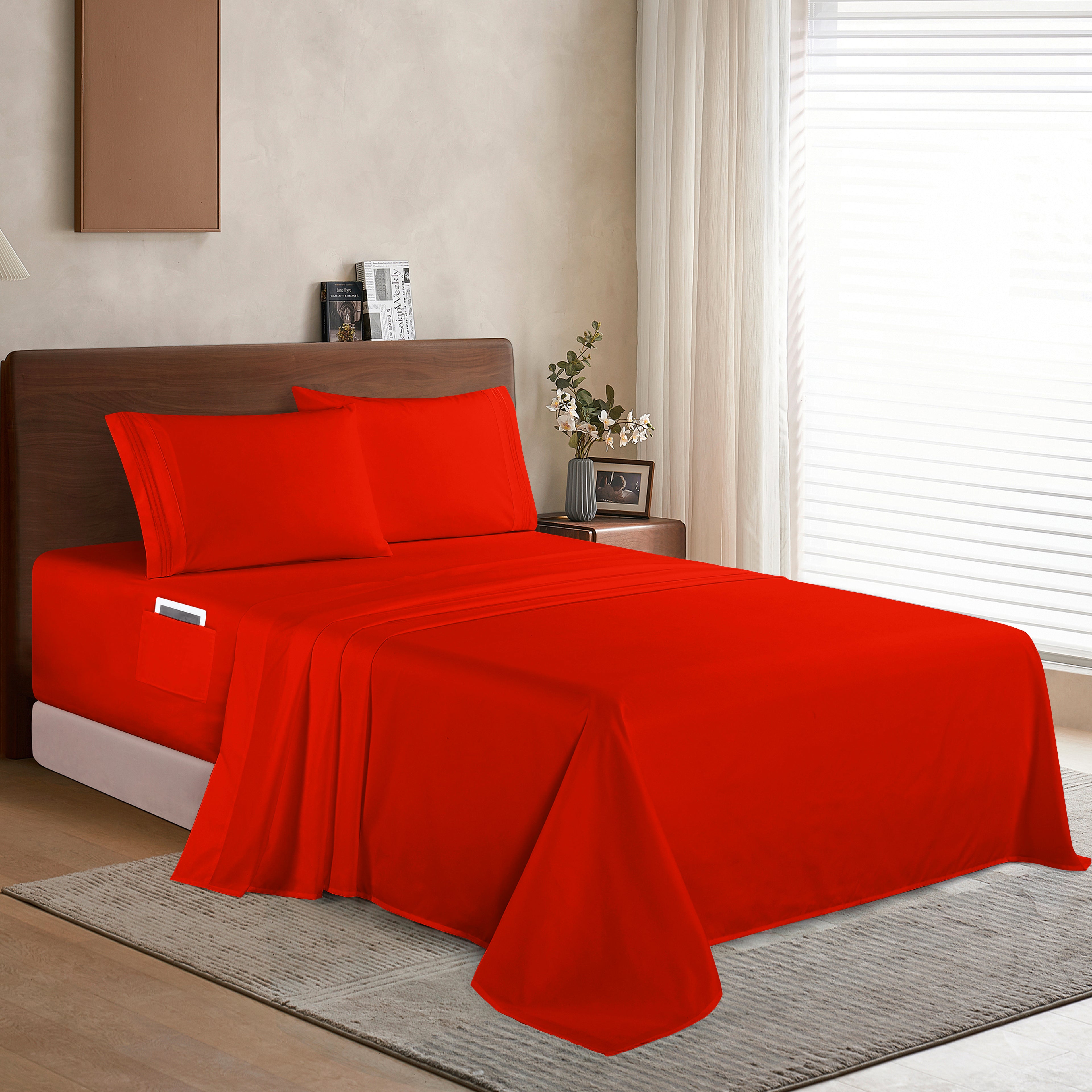 Extra deep 18-24 Inch Pocket 3 Line Embroidery, 4-Piece Sheet Set, Bright Shades