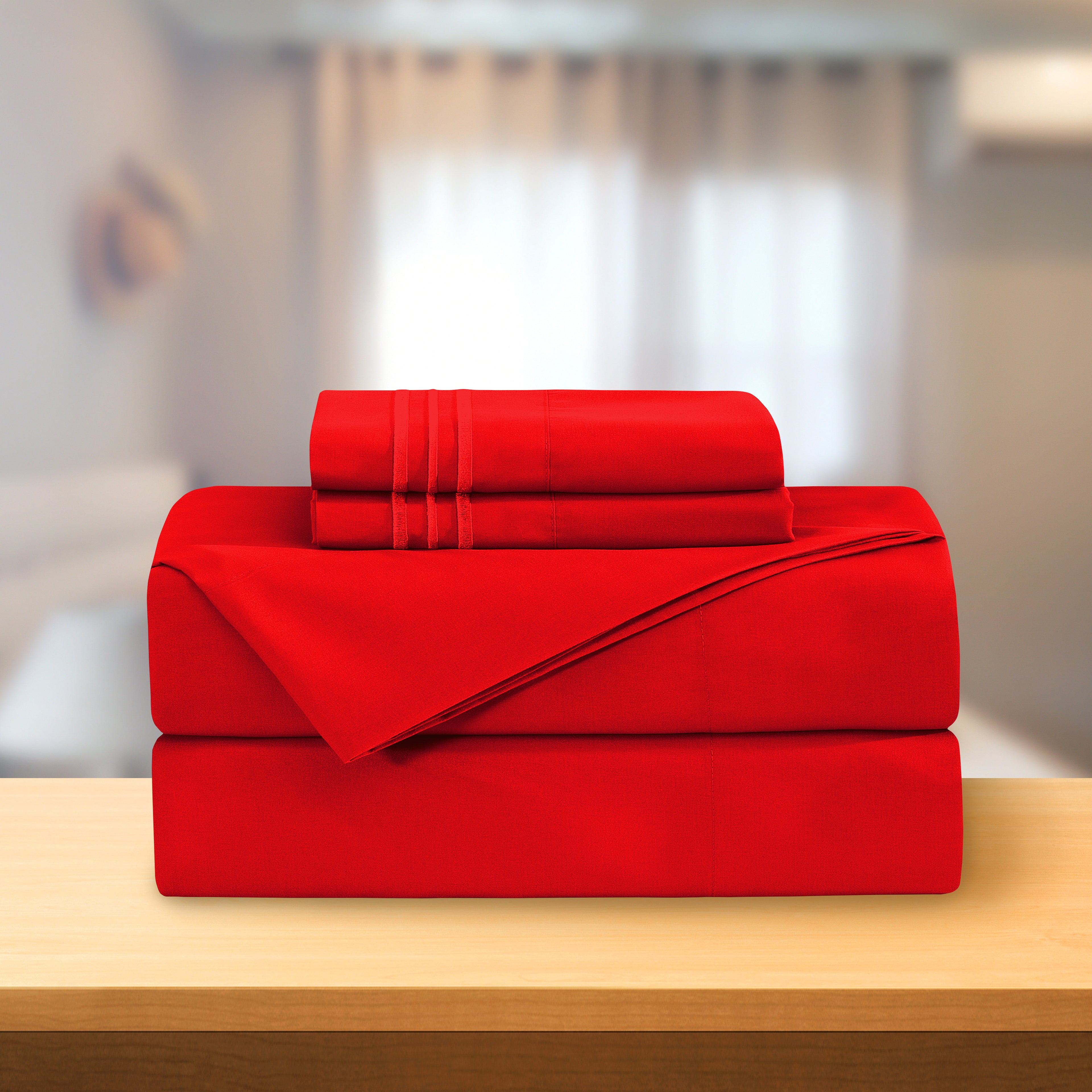 Essential Solid 3 Line Embroidery - Soft as a Hotel Premium Quality, 4-Piece Sheet Set, Bright Shades