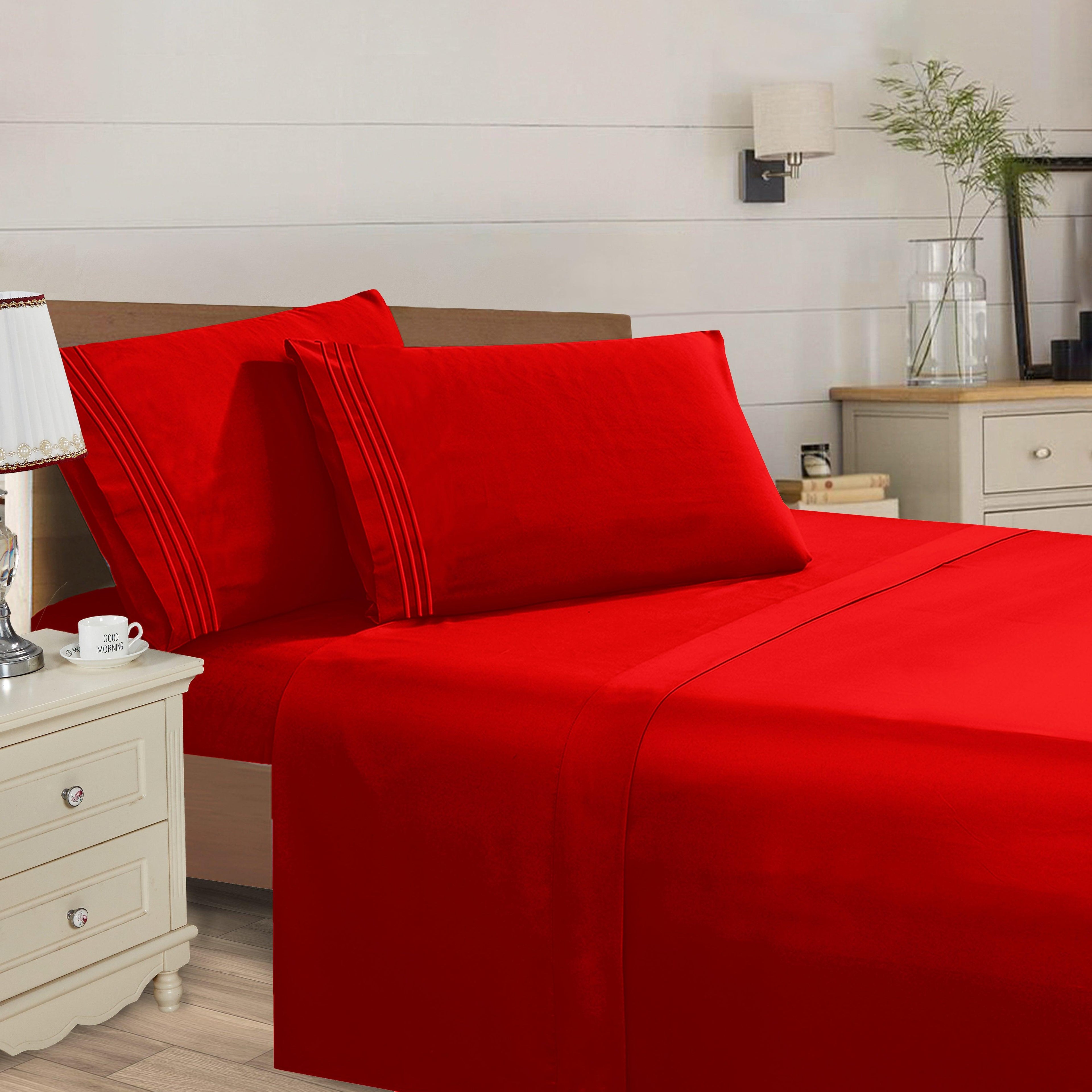 Essential Solid 3 Line Embroidery - Soft as a Hotel Premium Quality, 4-Piece Sheet Set, Bright Shades