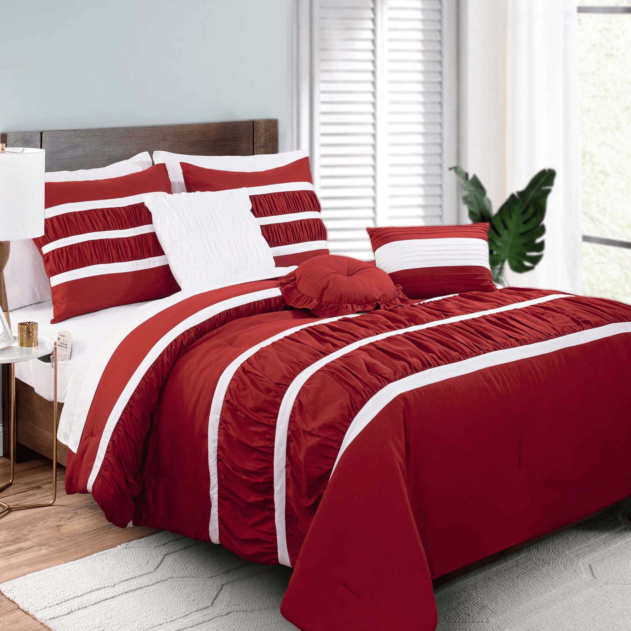 12-Piece Isabella Pleated Ruched Ruffled Comforter Set, Includes 6-Piece Sheet Set with Double Sided Storage Pockets