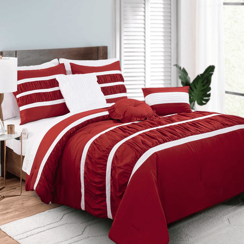 12-Piece Isabella Pleated Ruched Ruffled Comforter Set, Includes 6-Piece Sheet Set with Double Sided Storage Pockets