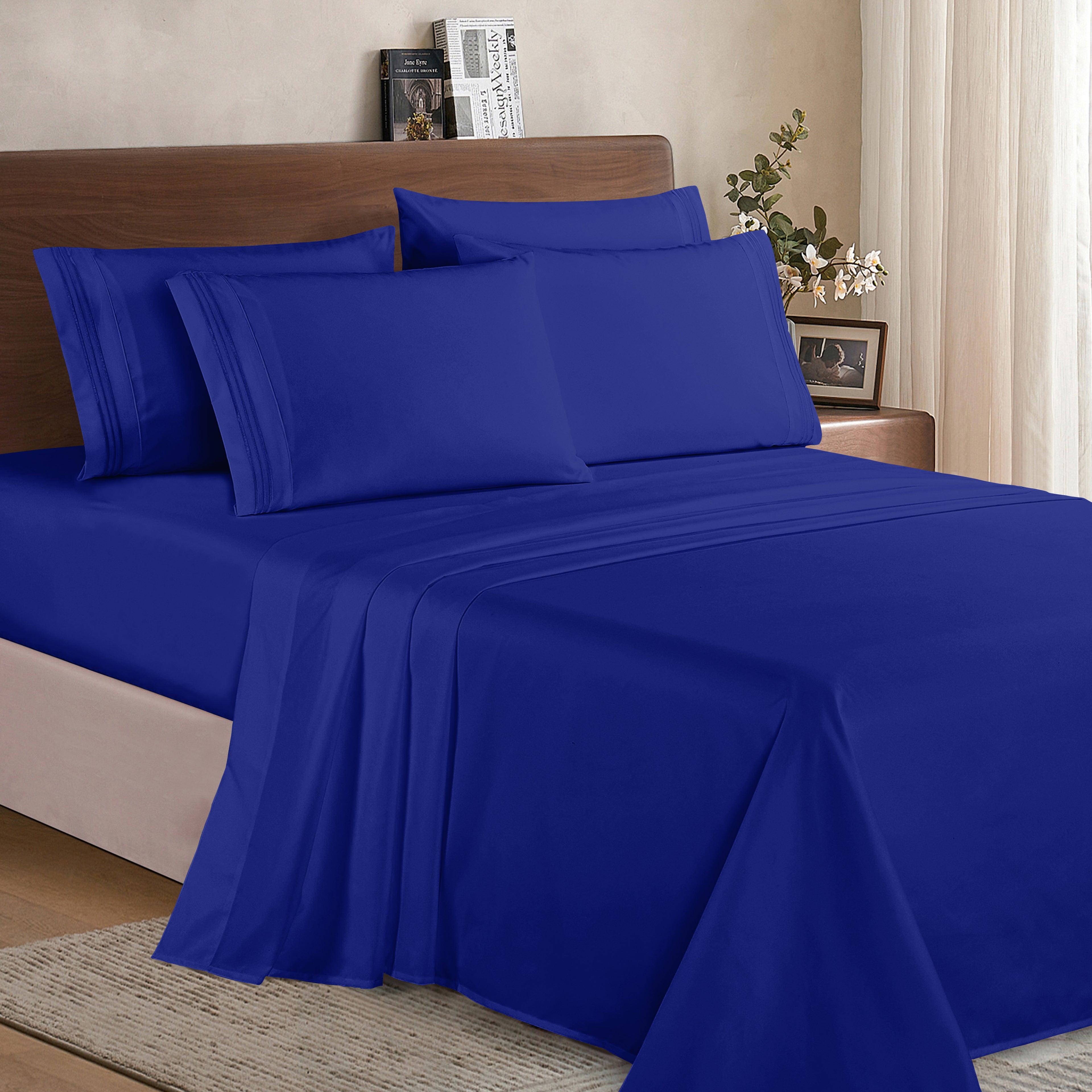 Essential 6-Piece 3-Line Embroidery Sheet Set, Soft as a Hotel Premium Quality,  Moody Shades