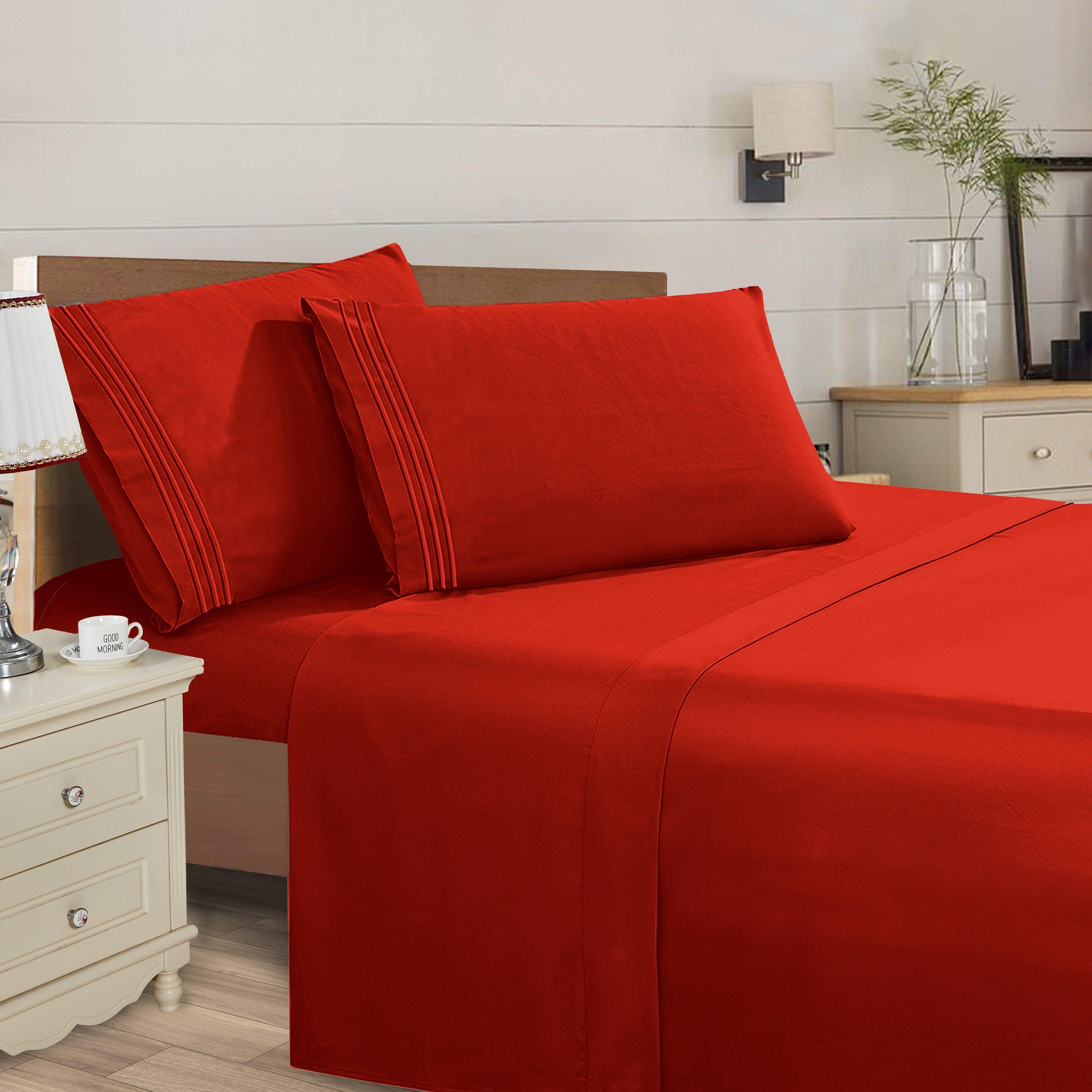 Essential 4-Piece 3-Line Embroidery Sheet Set, Soft as a Hotel Premium Quality,  Moody Shades