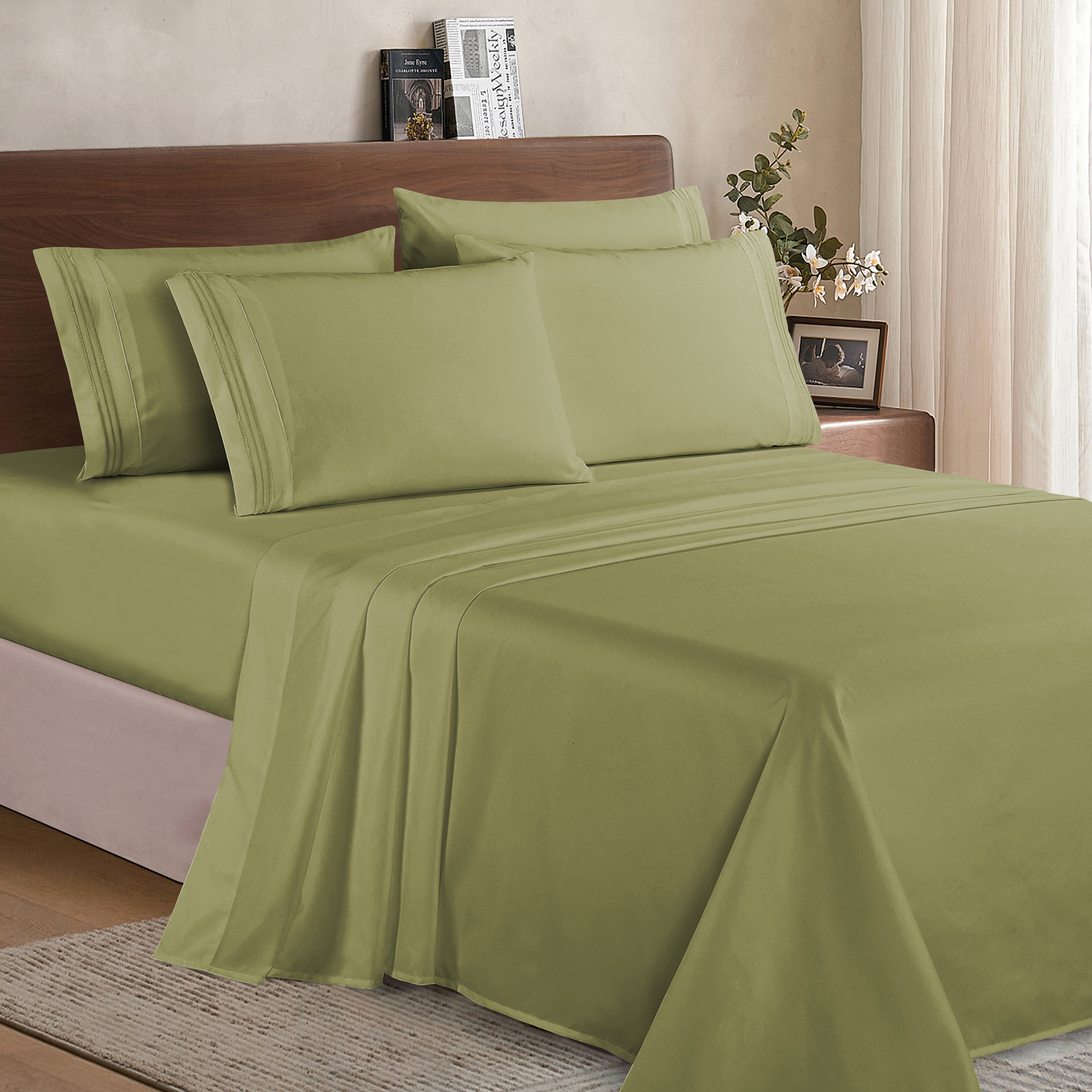 Essential 6-Piece 3-Line Embroidery Sheet Set, Soft as a Hotel Premium Quality, Bright Shades
