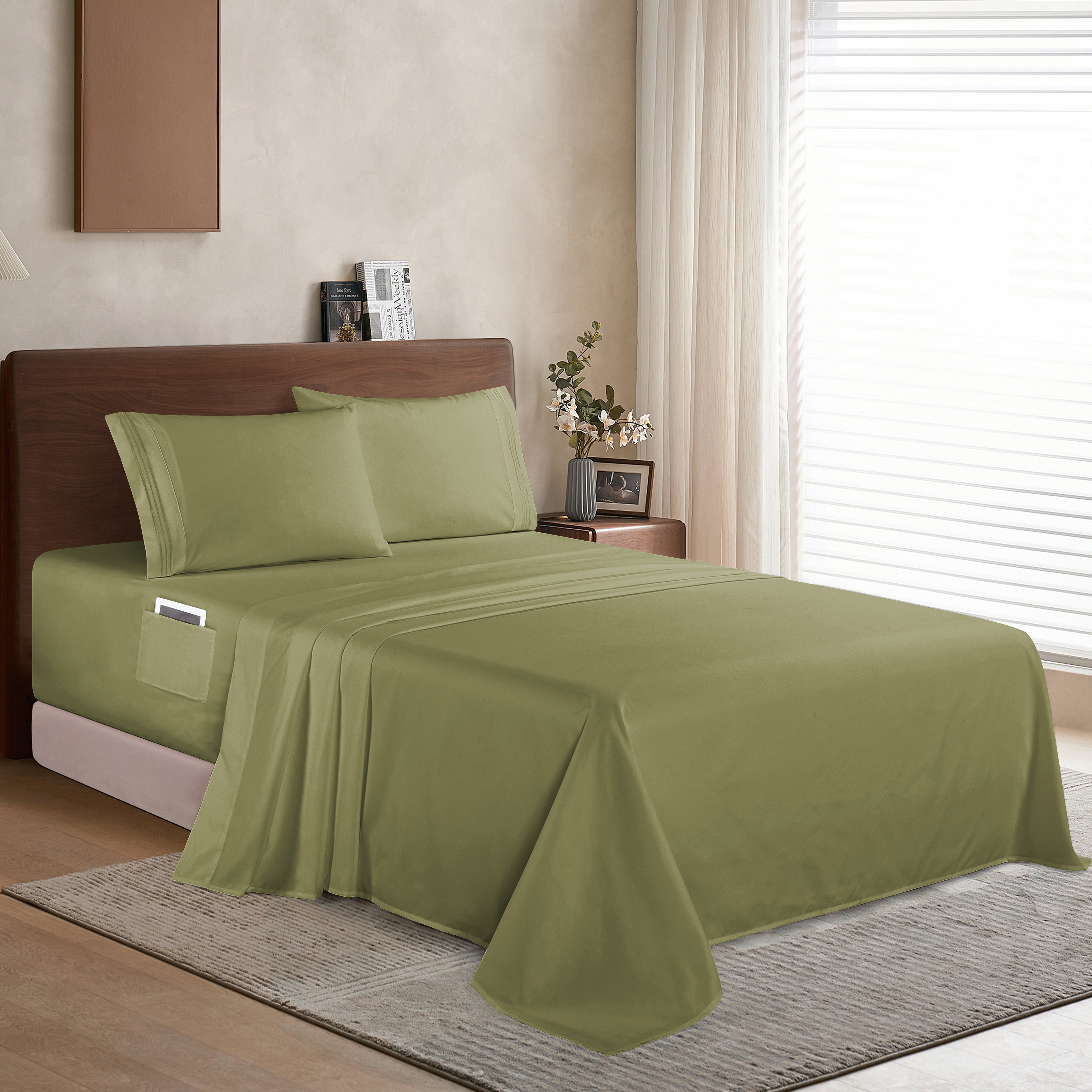 Extra deep 18-24 Inch Pocket 3 Line Embroidery, 4-Piece Sheet Set, Moody Shades