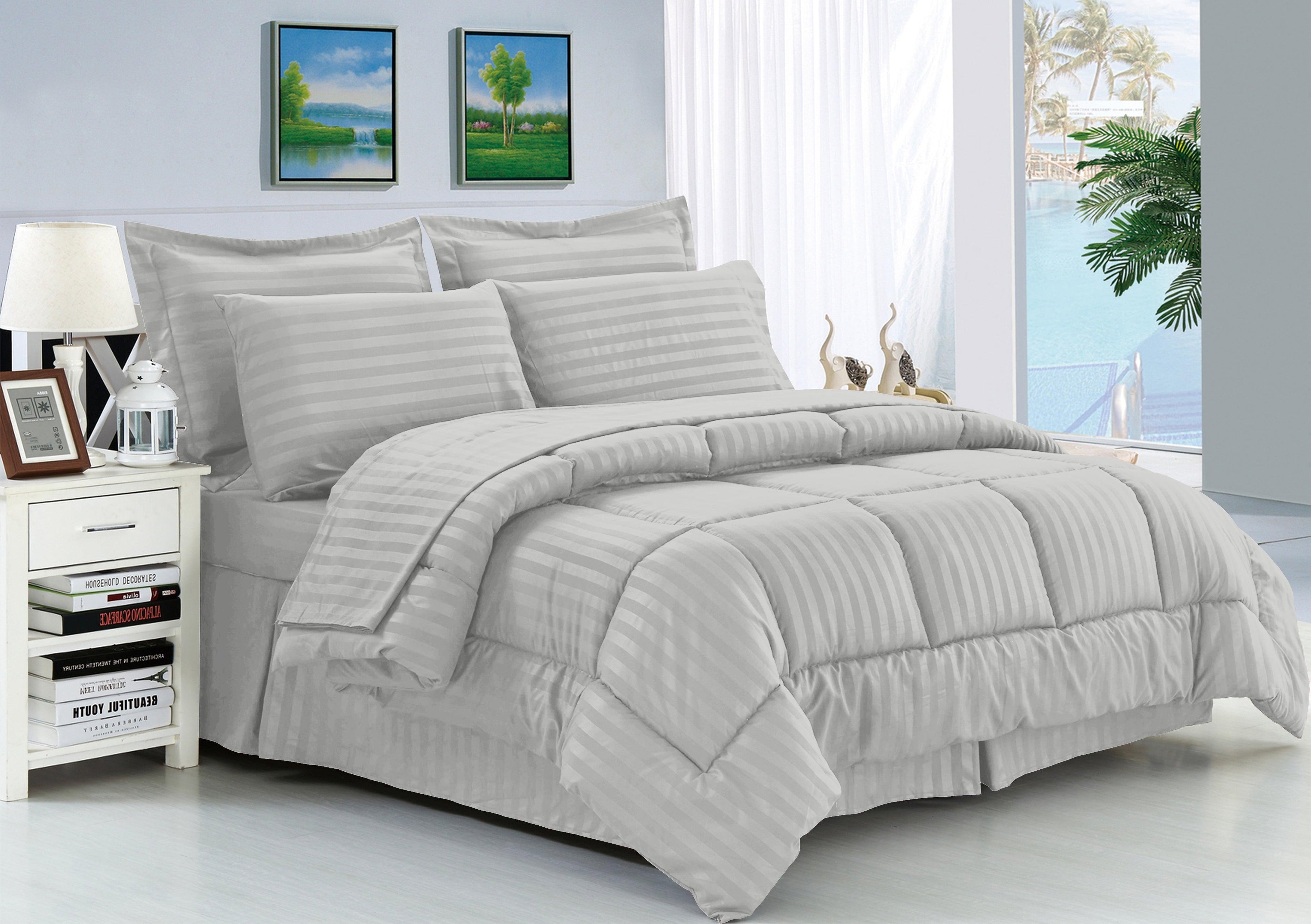 8-Piece Dobby Stripe Comforter Set - Includes 4-Piece Sheet Set with Double Sided Storage Pockets
