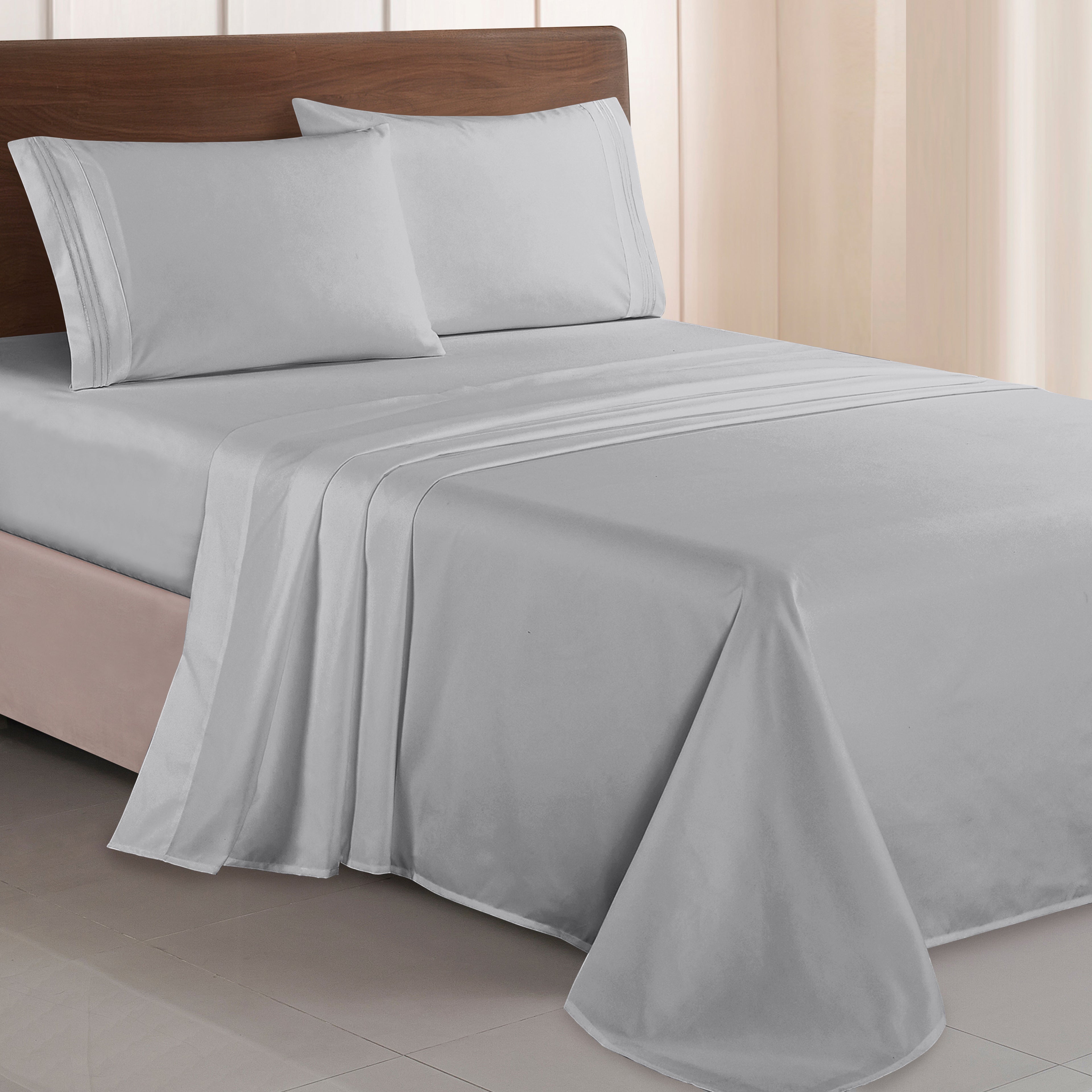 Essential Solid 3 Line Embroidery - Soft as a Hotel Premium Quality, 4-Piece Sheet Set, Bright Shades