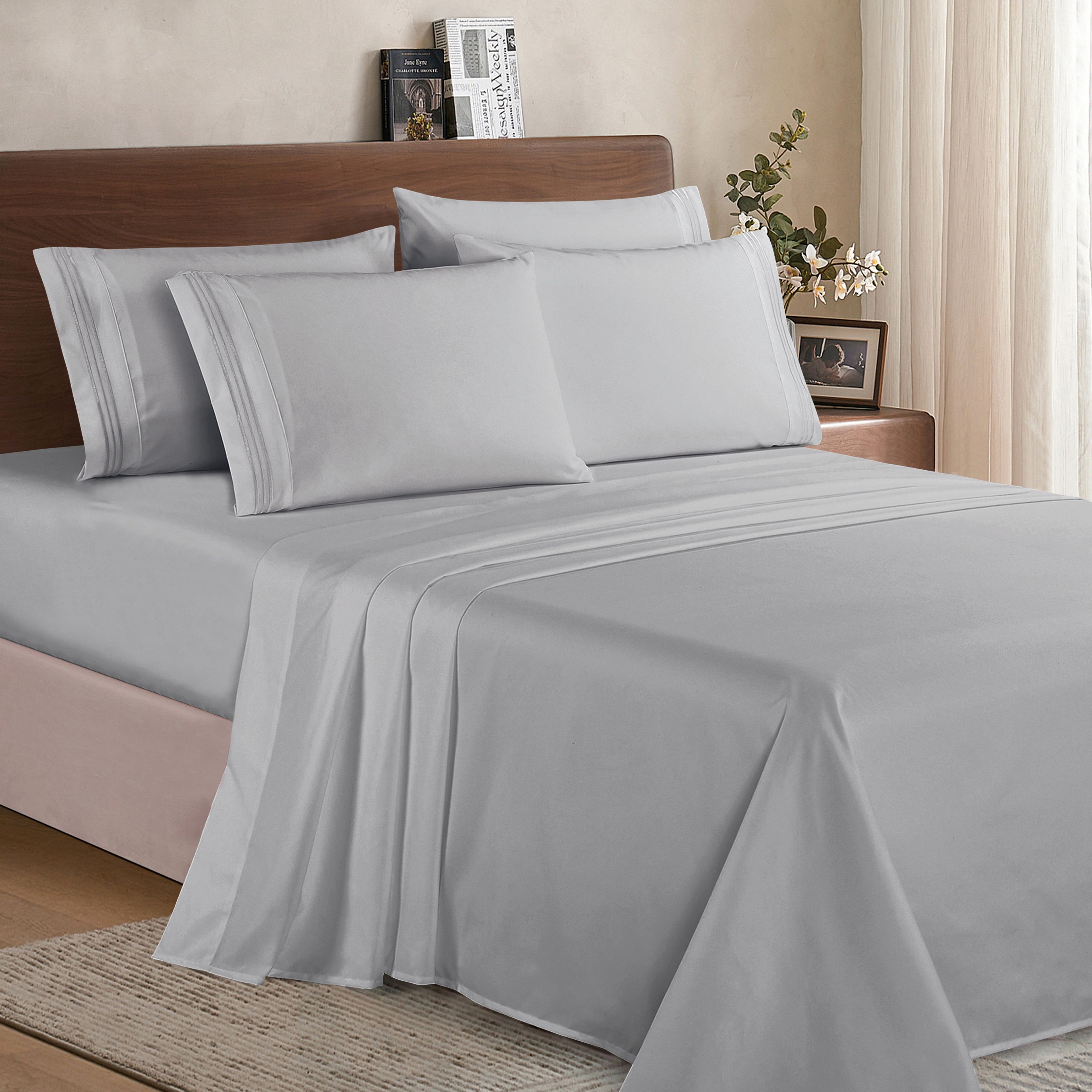 Essential 6-Piece 3-Line Embroidery Sheet Set, Soft as a Hotel Premium Quality, Bright Shades