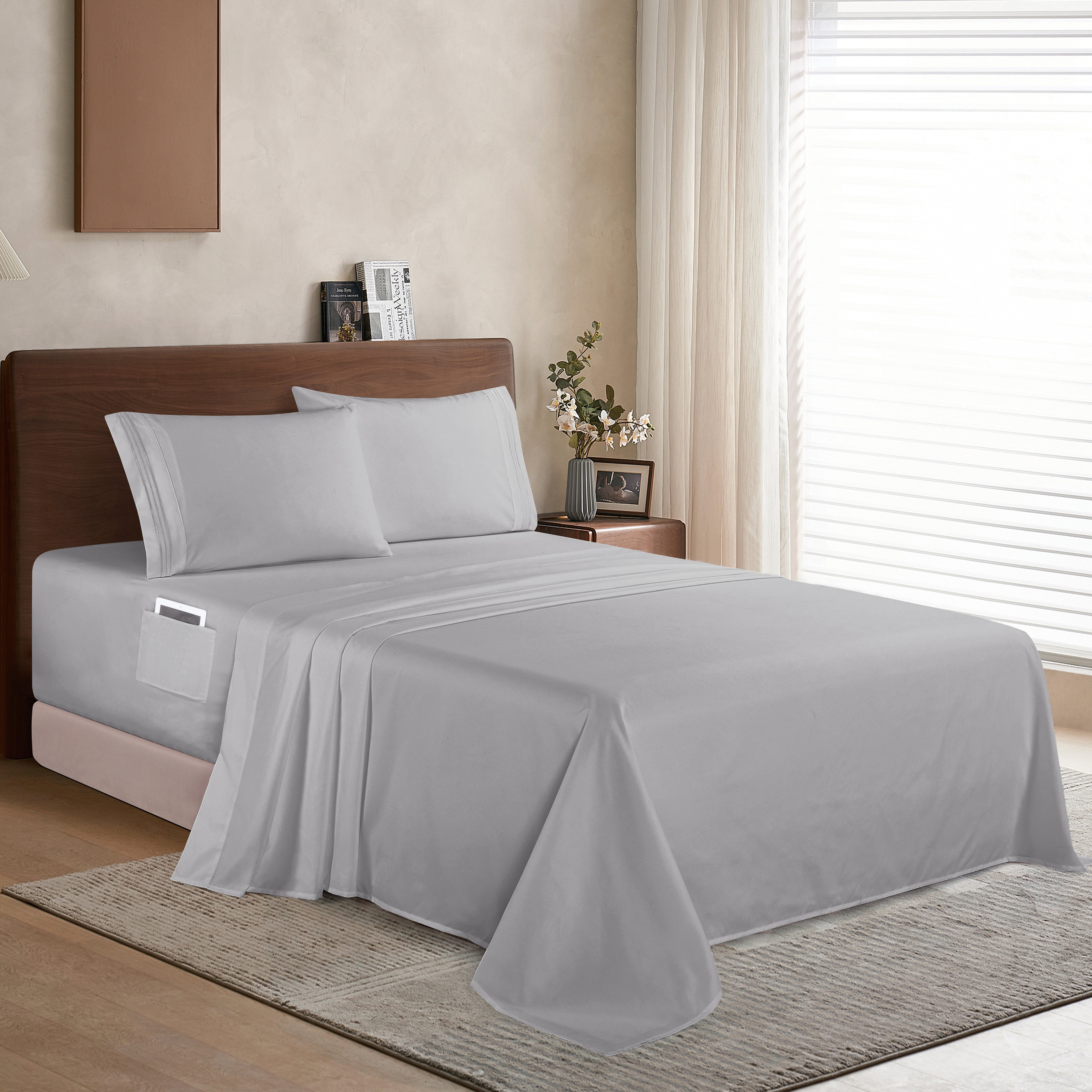 Extra deep 18-24 Inch Pocket 3 Line Embroidery, 4-Piece Sheet Set, Bright Shades