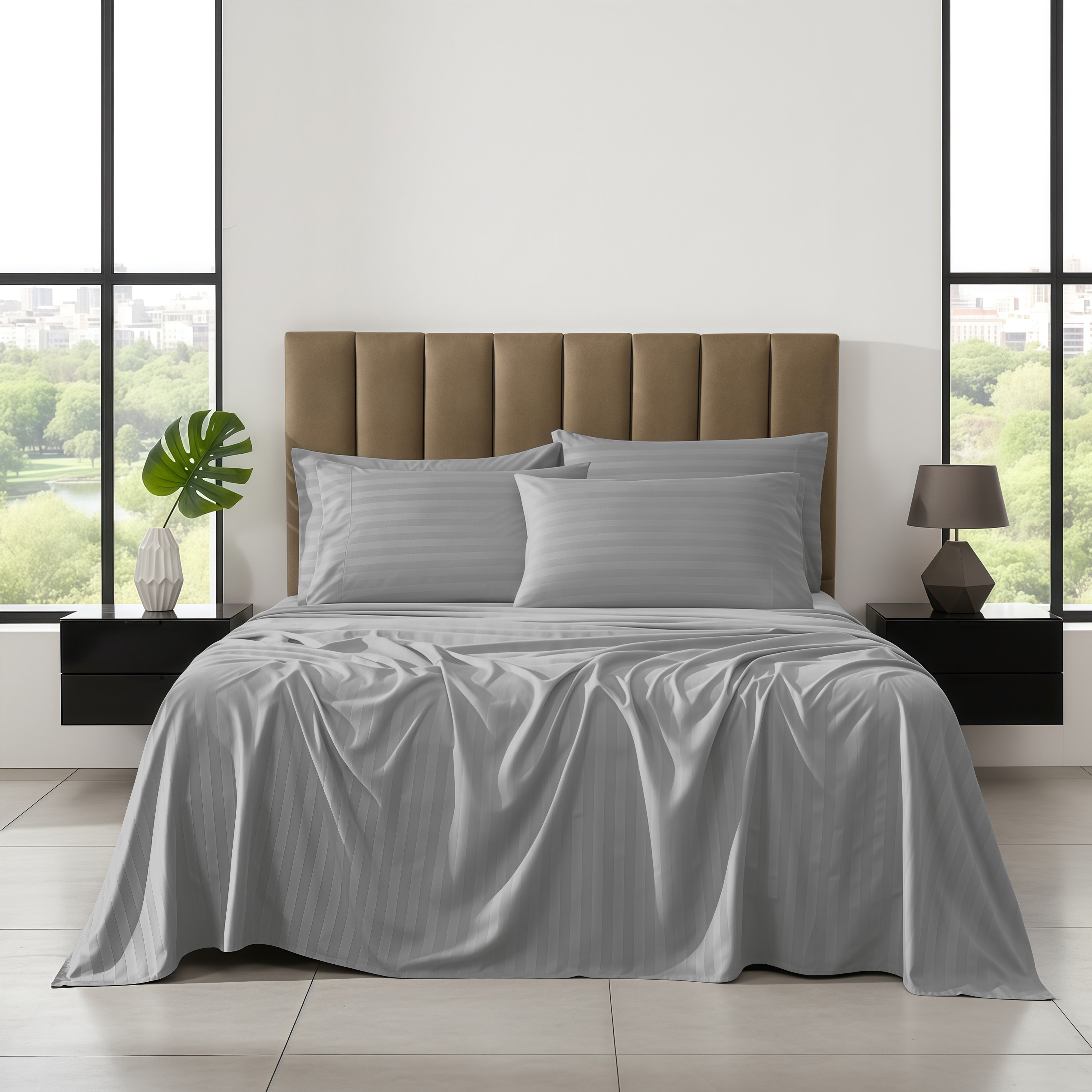 6-Piece Dobby Stripe Printed Bed Sheet Set- Soft as a Hotel Premium Quality