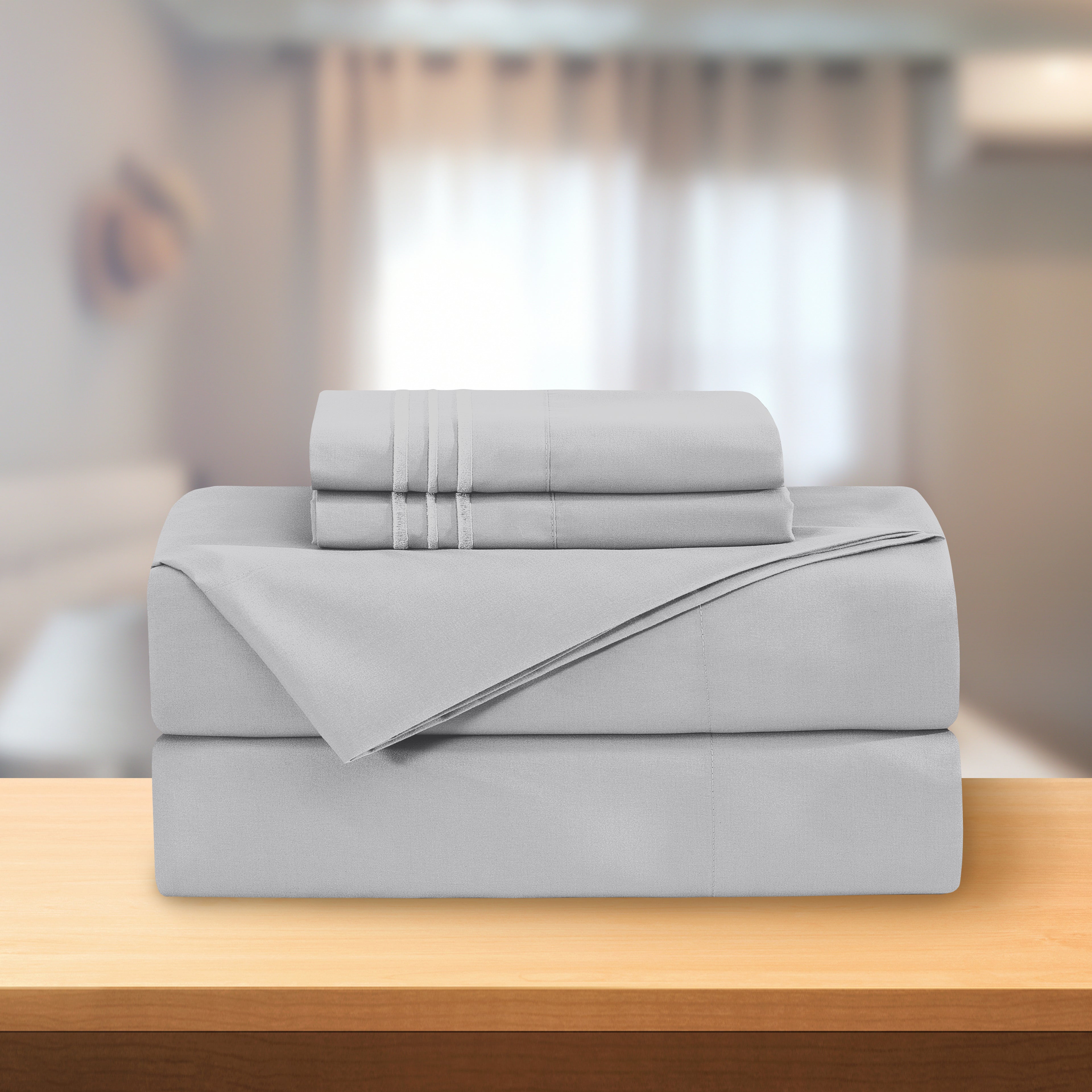 Essential Solid 3 Line Embroidery - Soft as a Hotel Premium Quality, 4-Piece Sheet Set, Bright Shades