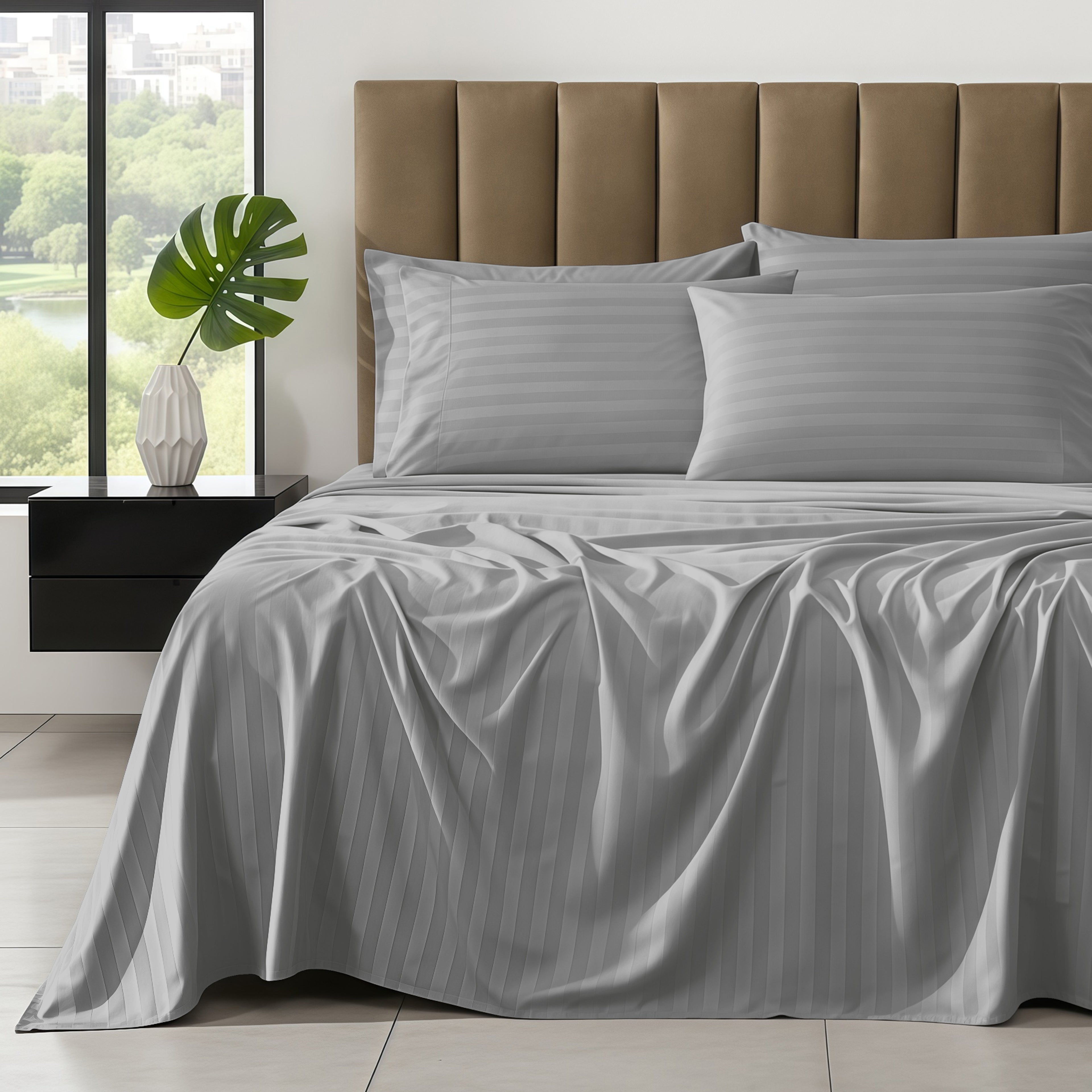6-Piece Dobby Stripe Printed Bed Sheet Set- Soft as a Hotel Premium Quality