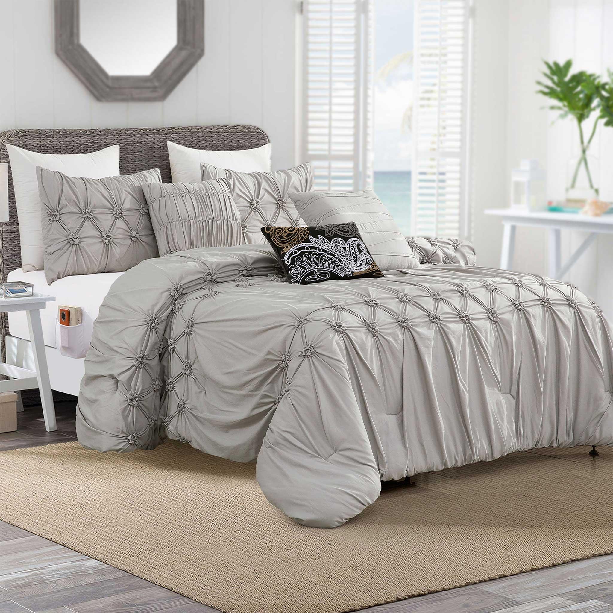 12-Piece Ella Pleated Ruched Pintuck Comforter Set, Includes 6-Piece Sheet Set with Double Sided Storage Pockets
