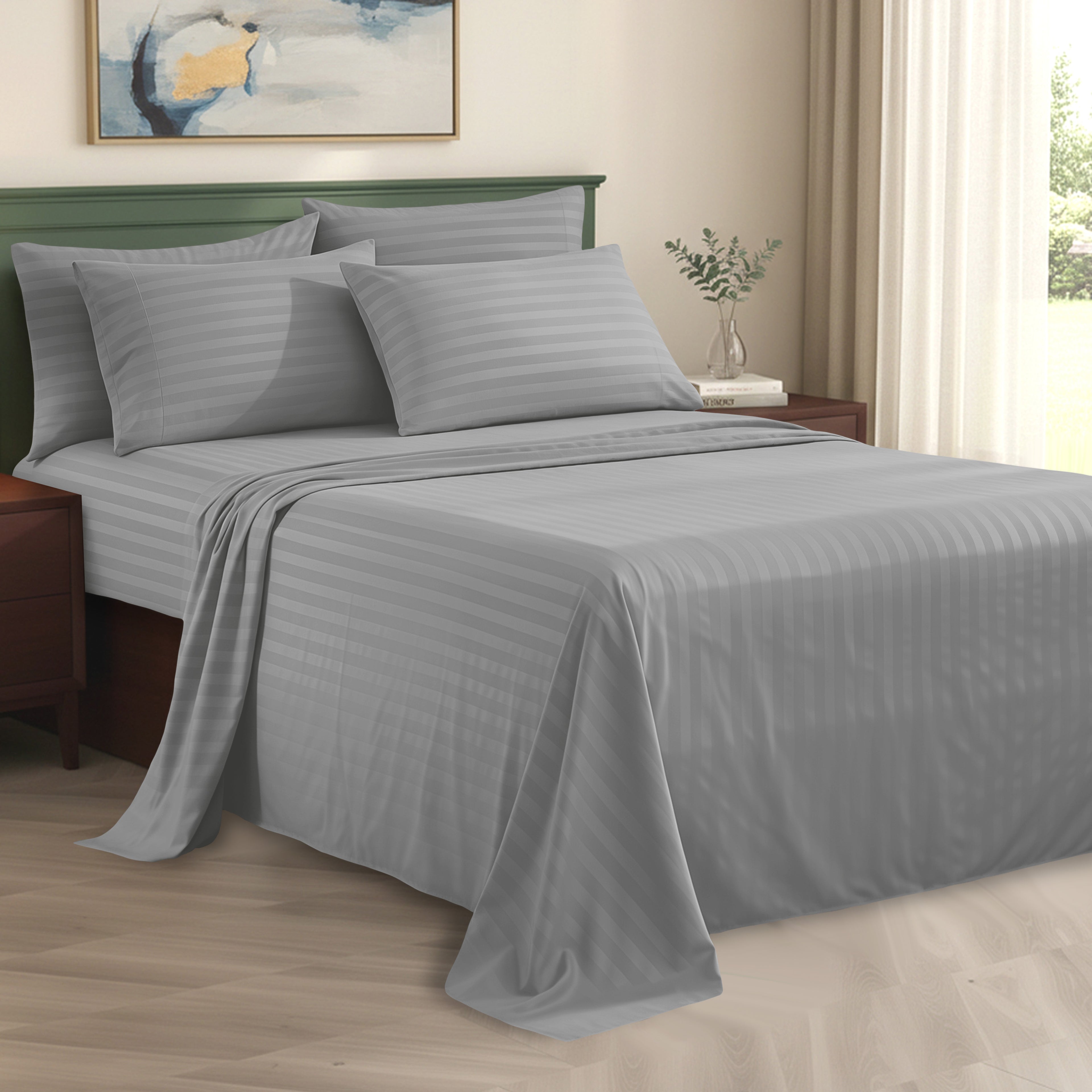 6-Piece Dobby Stripe Printed Bed Sheet Set- Soft as a Hotel Premium Quality